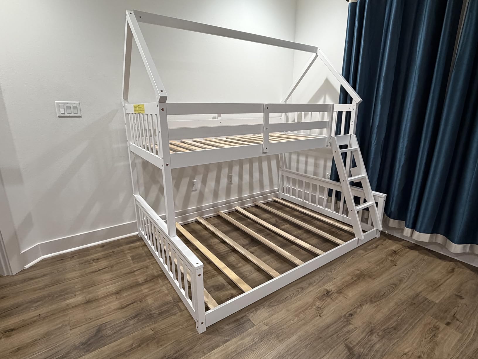 KOMFOTT Wood Twin Over Twin Bunk Bed with Slide & Staircase, Twin House Bunk Bed with Safety Guardrails & Storage, Floor House Bed with Wooden Slat Support for Boys Girls, No Box Spring Needed, Grey customer photo 2