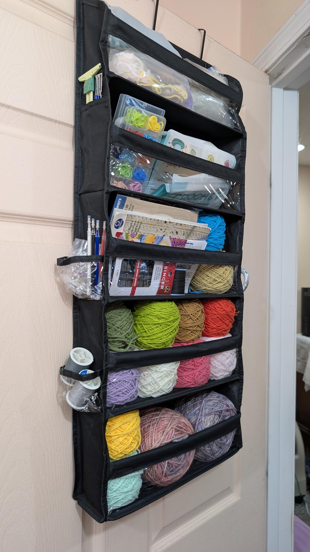Tegeme 5-Tier Hanging Thread Holder Organizer with PVC Window & Side Pockets 31 x 13 x 3.5 Inch Thread Rack Over the Door Yarn Storage for Embroidery Spool Sewing Quilting Knitting Crochet customer photo 2