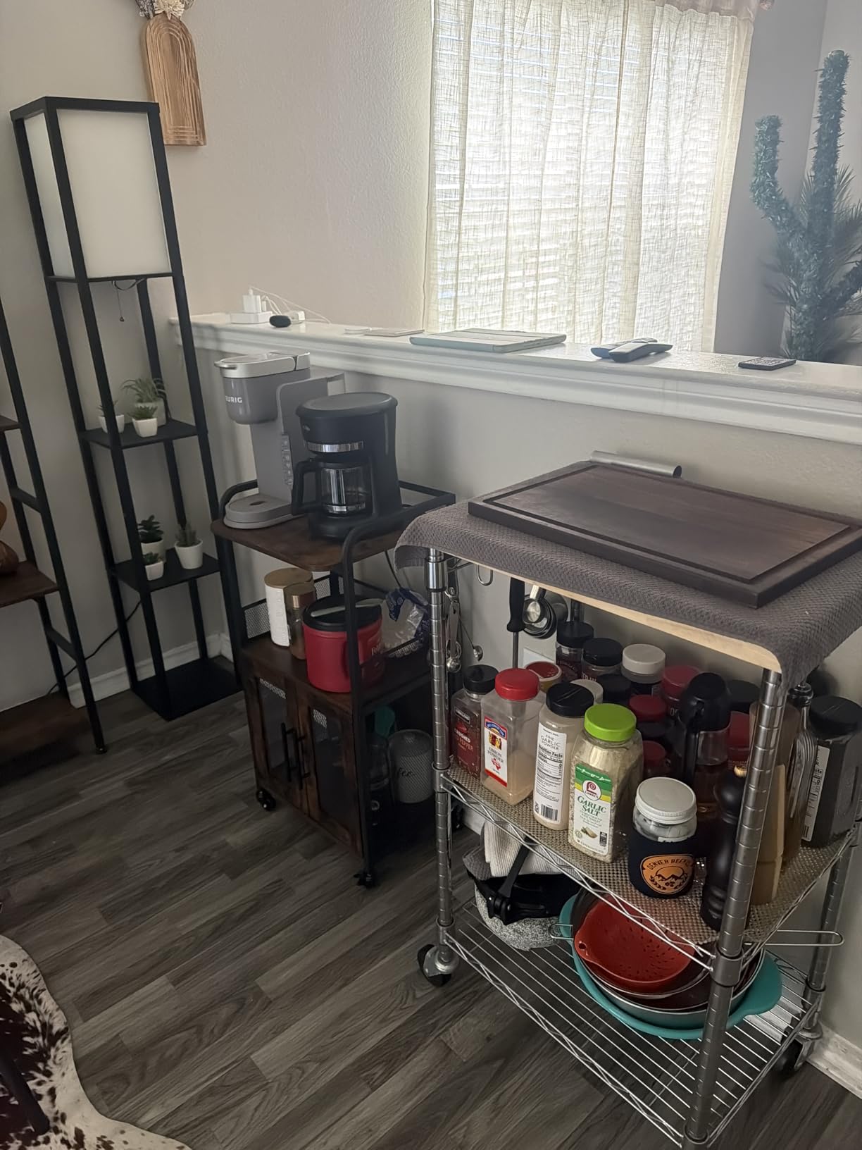3 Tier Rolling Coffee Cart with 2-Door & Pull-Out Wire Basket Drawer, Movable Coffee Bar Cabinet on Lockable Casters, 32.7