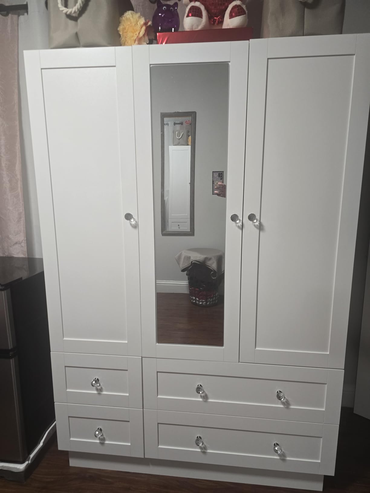 VOWNER Wardrobe Closet with 3 Doors, Bedroom Armoire with Mirror, LED Light, 4 Drawers and Hanging Rod, Large Capacity Storage Closet for Bedroom, White 47