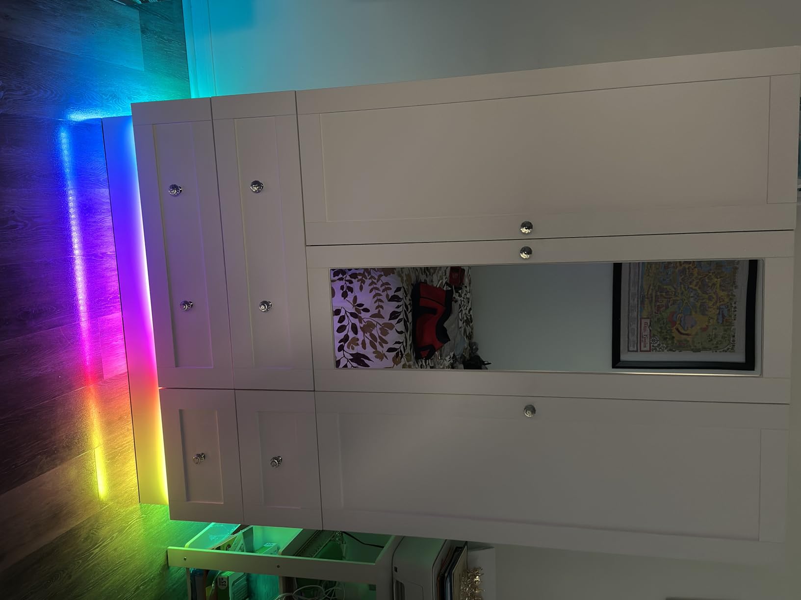 VOWNER Wardrobe Closet with 3 Doors, Bedroom Armoire with Mirror, LED Light, 4 Drawers and Hanging Rod, Large Capacity Storage Closet for Bedroom, White 47