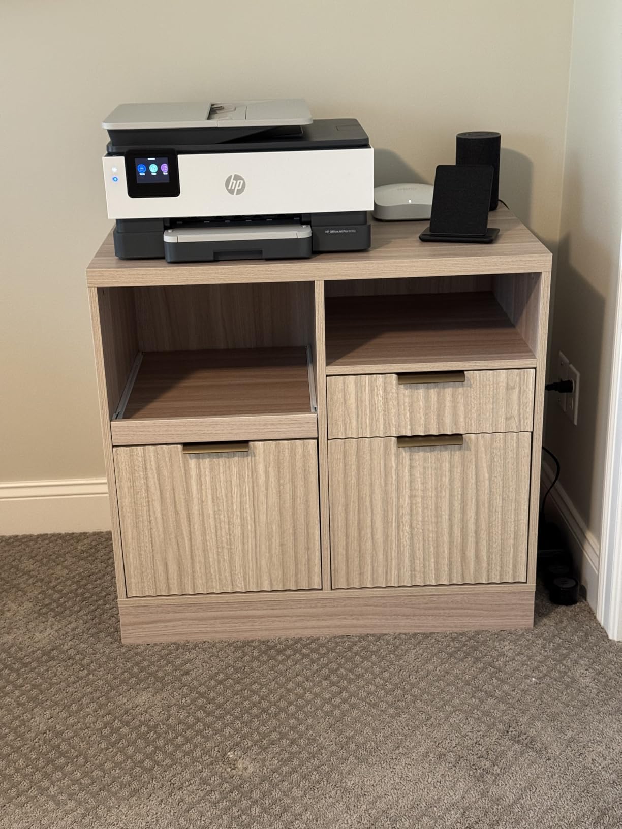 3 Drawer File Cabinet, Fluted Wood Lateral Filing Cabinet with Charging Station for Home Office, Fits for A4/Letter-Sized Files, Printer Stand with Open Storage Shelves, Black Walnut customer photo 1