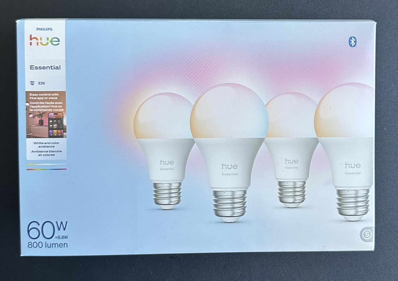 Philips Hue Essential Smart LED A19 Bulb 4-Pack, White and Color Ambiance, E26, 7.2W, 2200K-6500K, 800 Lumens, Dimmable LED Bulbs, Works with Alexa, Google Assistant, Apple Home customer photo 1
