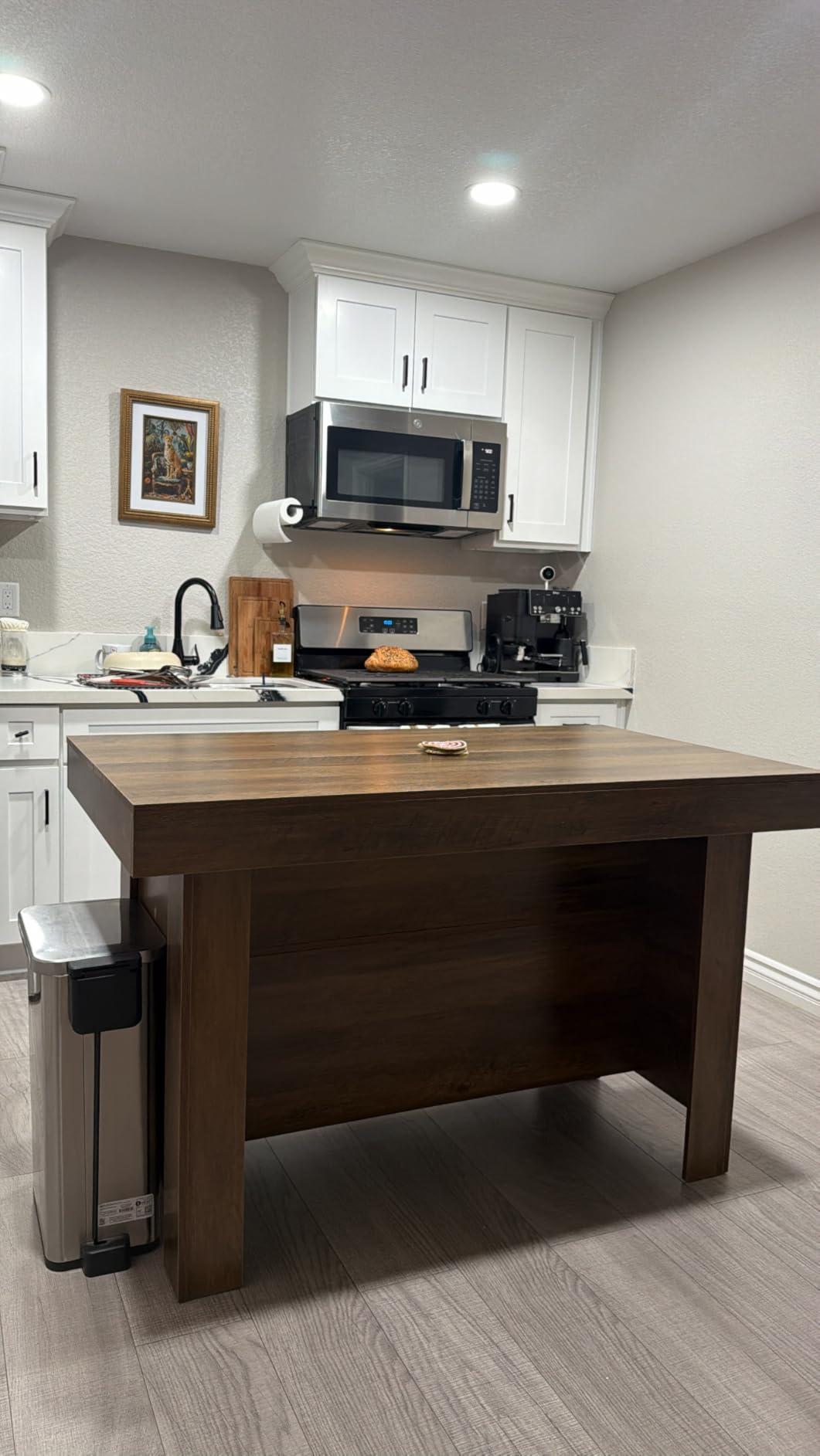 LITTLE TREE 55 Inches Kitchen Island with Storage, 3-Tier Farmhouse Wooden Stationary Island Table with Large Worktop & Leg Room, Modern Coffee Bar Table with Storage Shelf for Kitchen, Rustic Brown customer photo 1