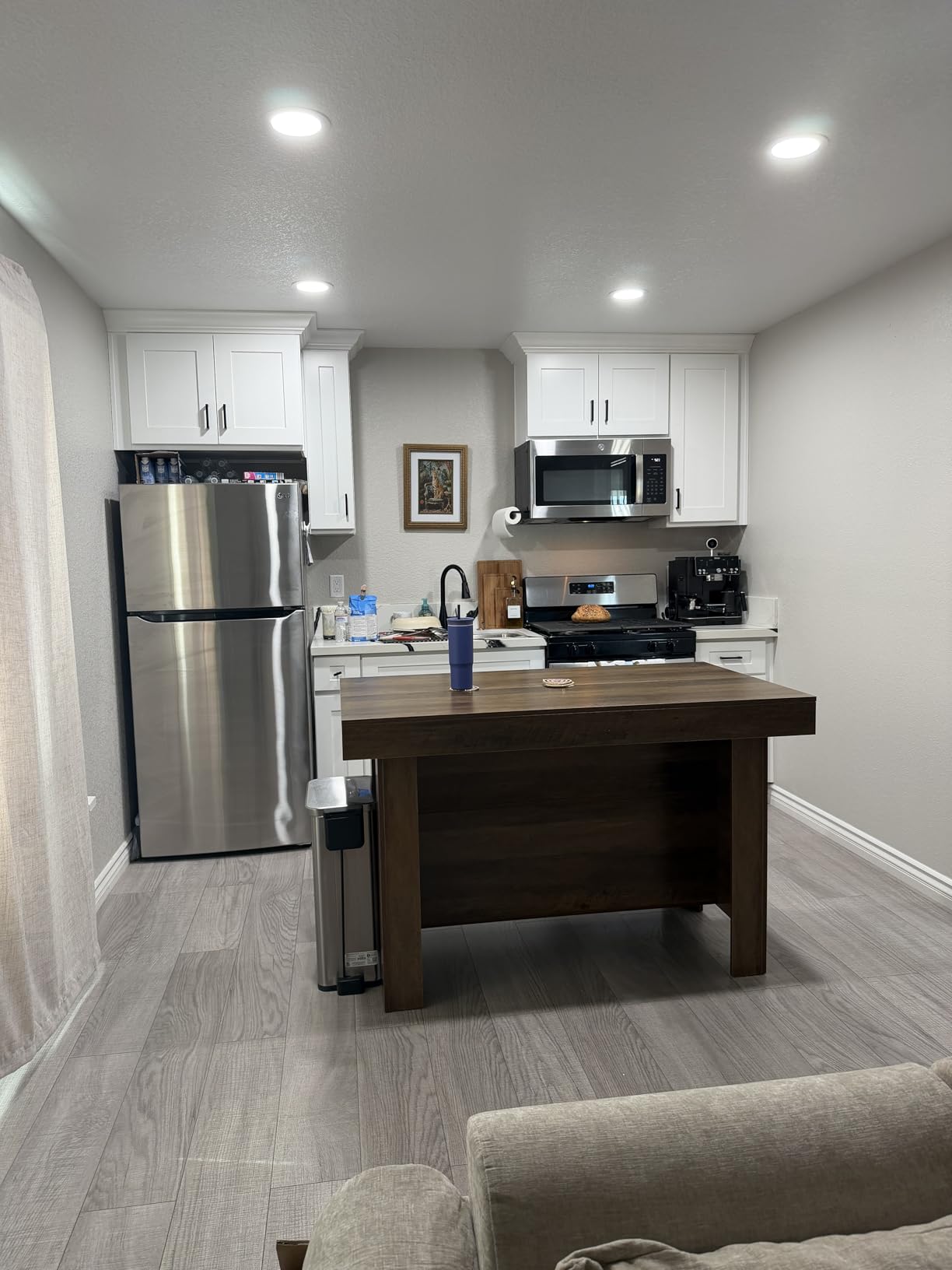 LITTLE TREE 55 Inches Kitchen Island with Storage, 3-Tier Farmhouse Wooden Stationary Island Table with Large Worktop & Leg Room, Modern Coffee Bar Table with Storage Shelf for Kitchen, Rustic Brown customer photo 2