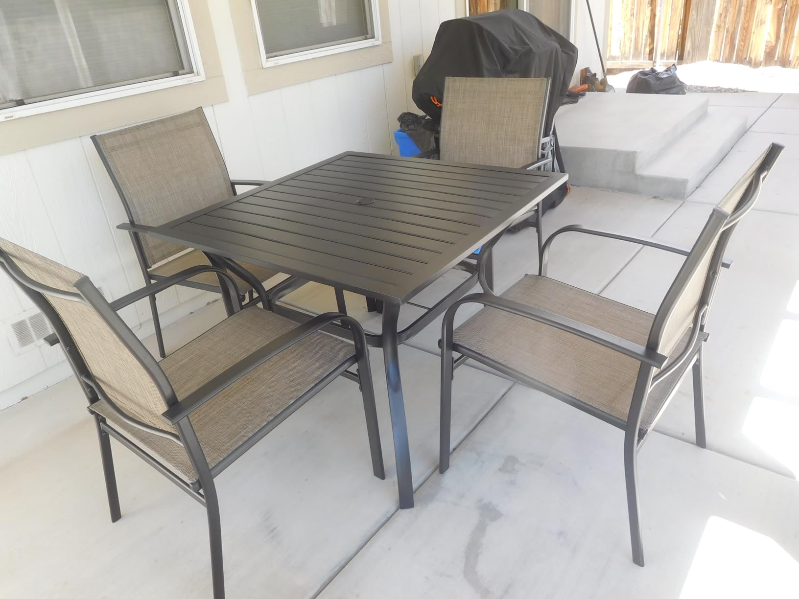 HERA'S HOUSE Patio Table and Chairs for 6, 7 Pieces Outdoor Deck Dining Sets, Wood-Like Rectangular Metal Table Set with Chairs for Lawn Garden Backyard, Brown customer photo 2