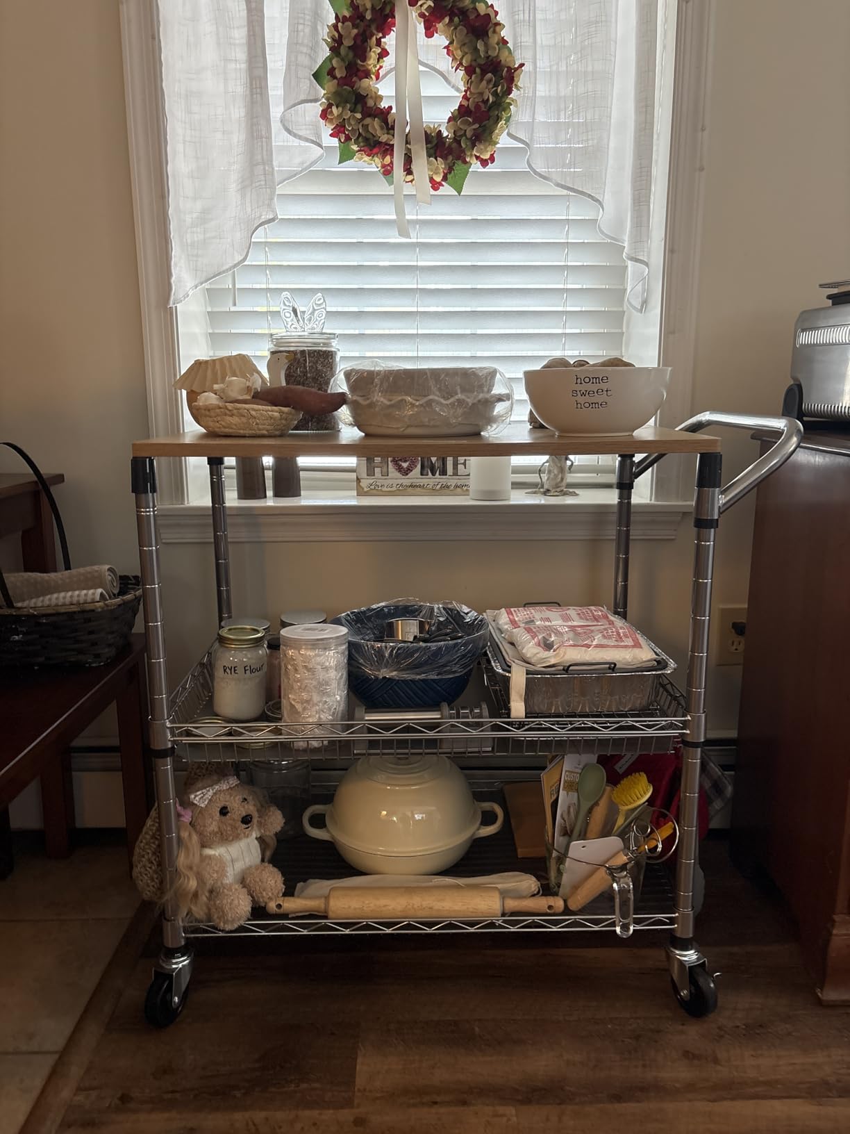 NTE Rolling Kitchen Carts on Wheels, 650Lbs Capacity 3 Tier Utility Cart with Wood Tabletop, Kitchen Storage Cart with 8 Hooks, Metal Serving Cart with Handle and Shelf Liners for Kitchen, Black customer photo 1