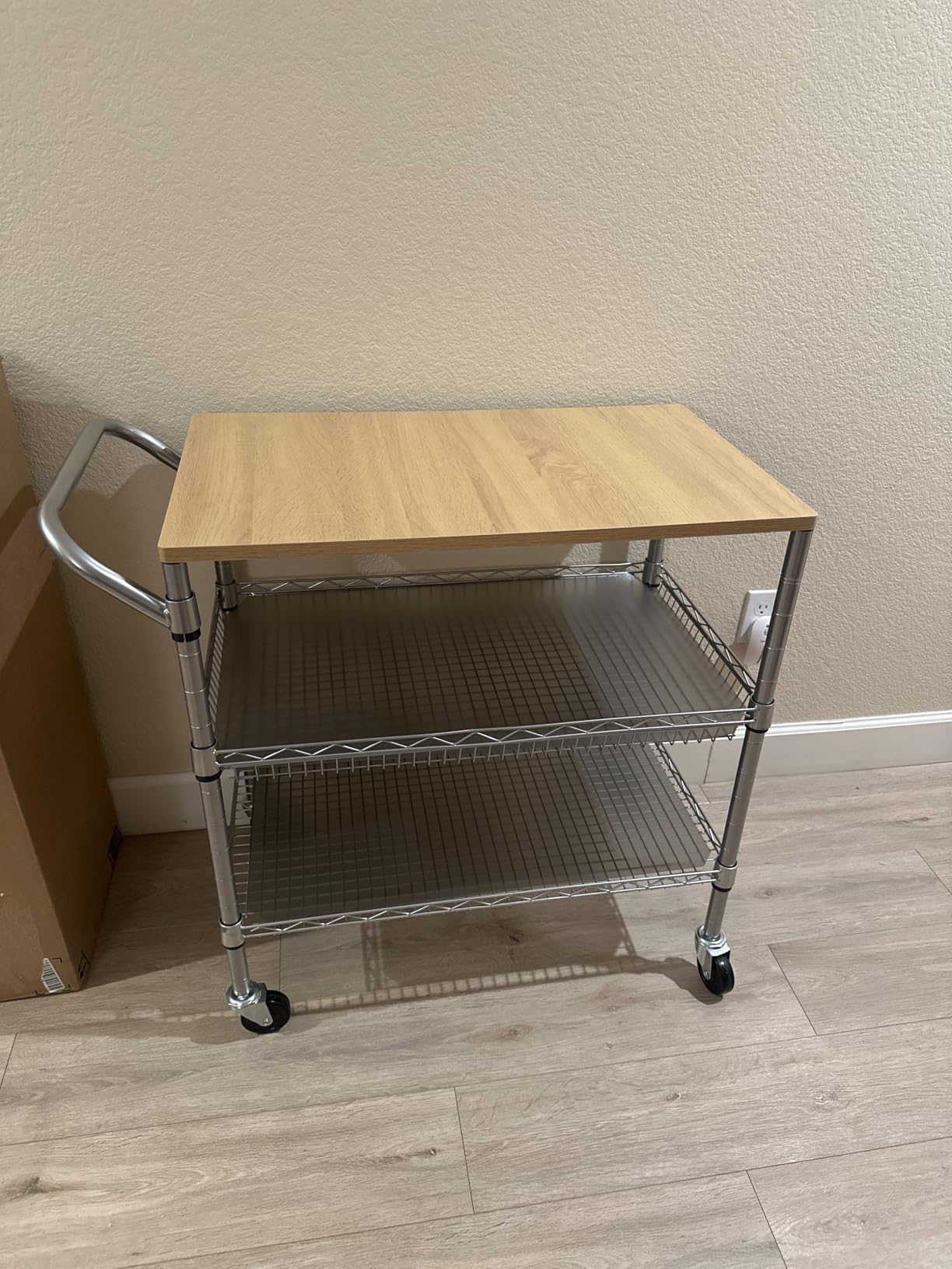 NTE Rolling Kitchen Carts on Wheels, 650Lbs Capacity 3 Tier Utility Cart with Wood Tabletop, Kitchen Storage Cart with 8 Hooks, Metal Serving Cart with Handle and Shelf Liners for Kitchen, Black customer photo 2