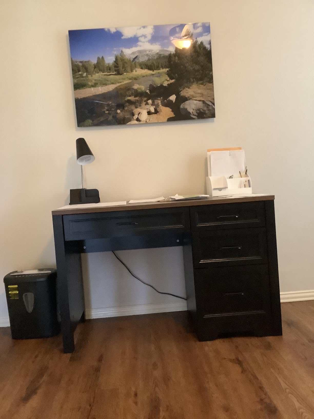 Vabches Wood L Shaped Executive Desk with 6 Drawers, Farmhouse Home Office Desk with Power Outlets and Triangle Under-Desk Storage Shelf & Drawer File Cabinet, Corner Computer Desk, Brown customer photo 1