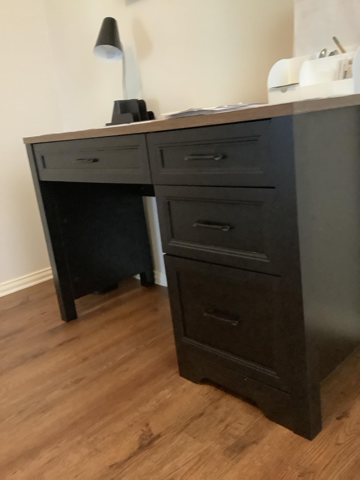 Vabches Wood L Shaped Executive Desk with 6 Drawers, Farmhouse Home Office Desk with Power Outlets and Triangle Under-Desk Storage Shelf & Drawer File Cabinet, Corner Computer Desk, Brown customer photo 2
