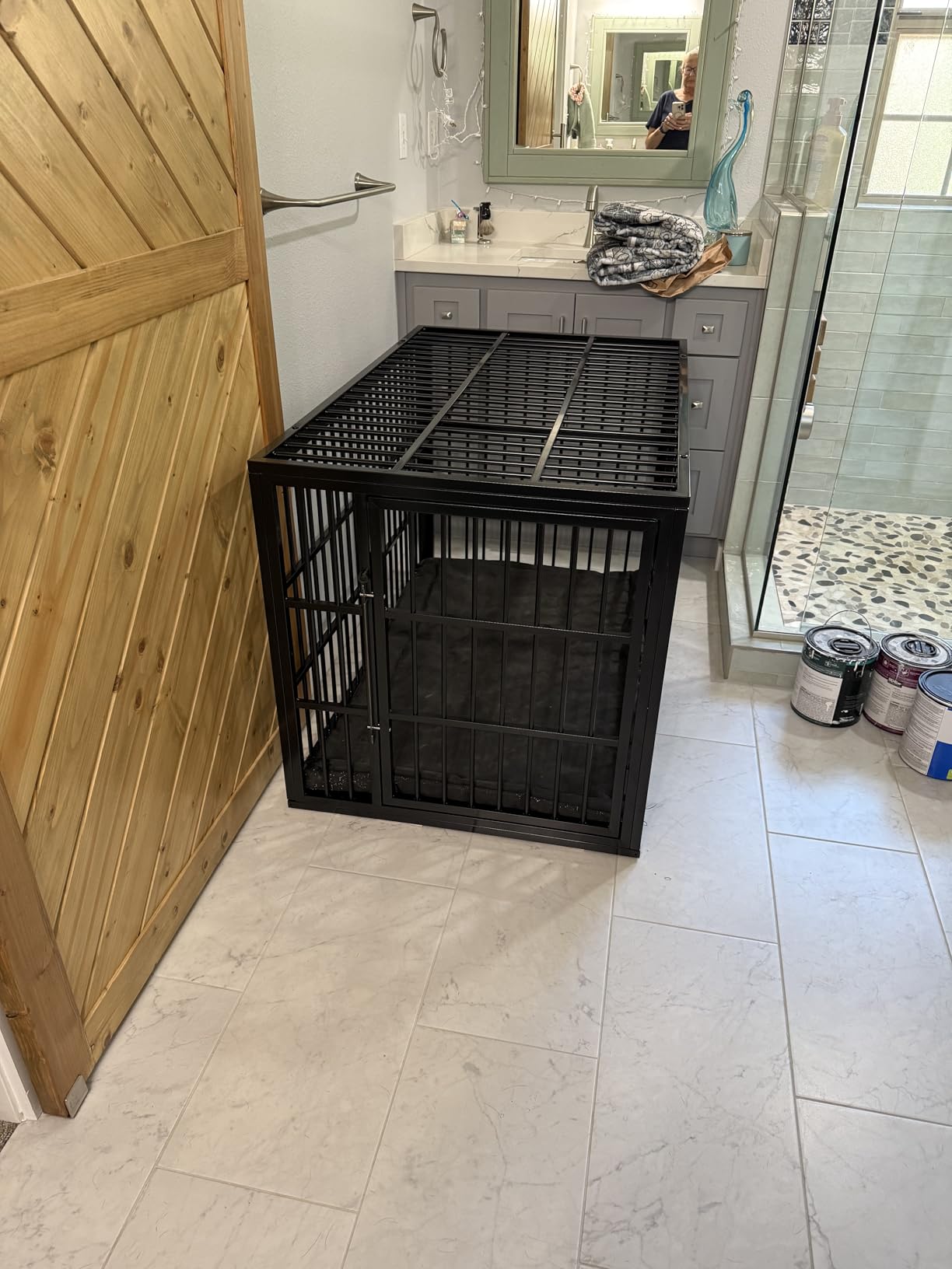VERIFURTY 48 Inch Heavy Duty Dog Crate for Large Dogs with Self-Locking Latch, Escape-Proof Steel Kennel Indoor, XL Large Double Door Metal Pet Cage with Wheels customer photo 1