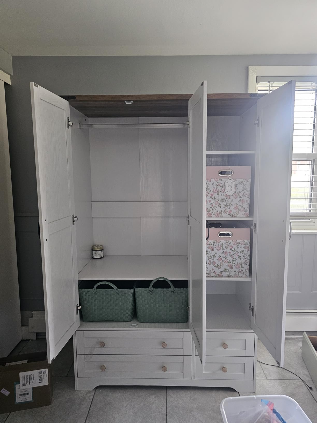 Yechen 3-Door Wooden Armoire Wardrobe Closet with Drawers and Shelves, Bedroom Armoires Closet with Mirror for Hanging Clothes, Coat, Farmhouse Wardrobe Cabinet for Large Storage Needed customer photo 2