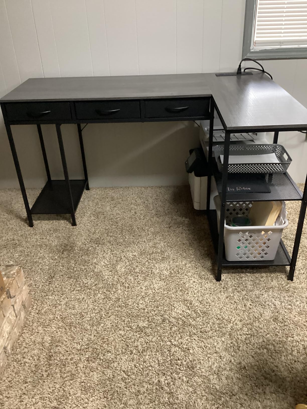 PRAISUN 55 Inch L Shaped Office Desk with Power Outlets and Type-C Port, Large Computer Gaming Desk with 3 Fabric Drawers, Mesh Shelves, Corner Study Work Writing Desk, Rustic Brown customer photo 1