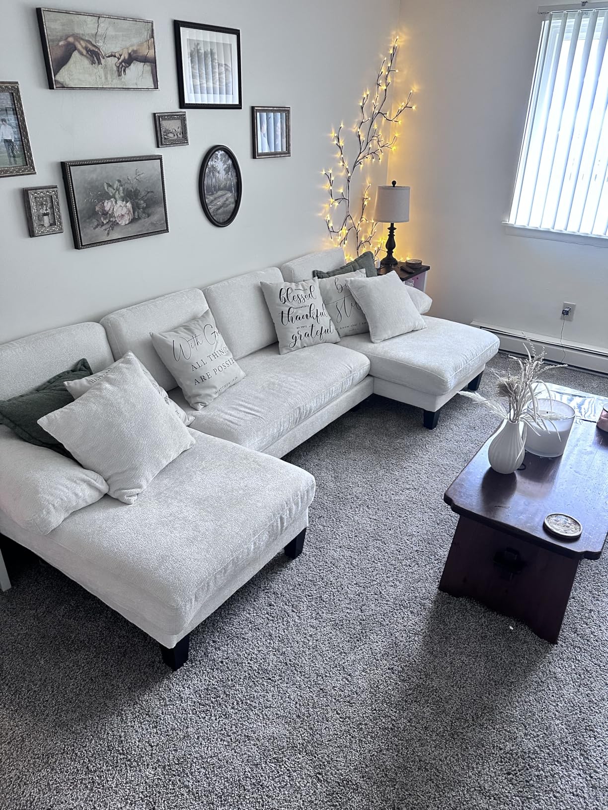 Txtin's Sleeper Sofa with Pull Out Couch Bed | 112 Inch Couches for Living Room | U-Shaped Convertible Sofa Bed | Chenille Warm White customer photo 2