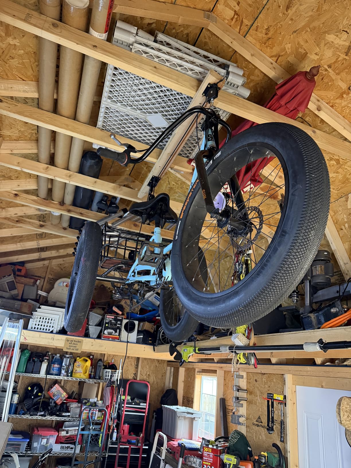Bike Hoist, Ceiling Mount Bike Hanger Holds 100 lbs, Ebike Lift Garage Overhead Storage for Bike, Ladder, Snowboard customer photo 1