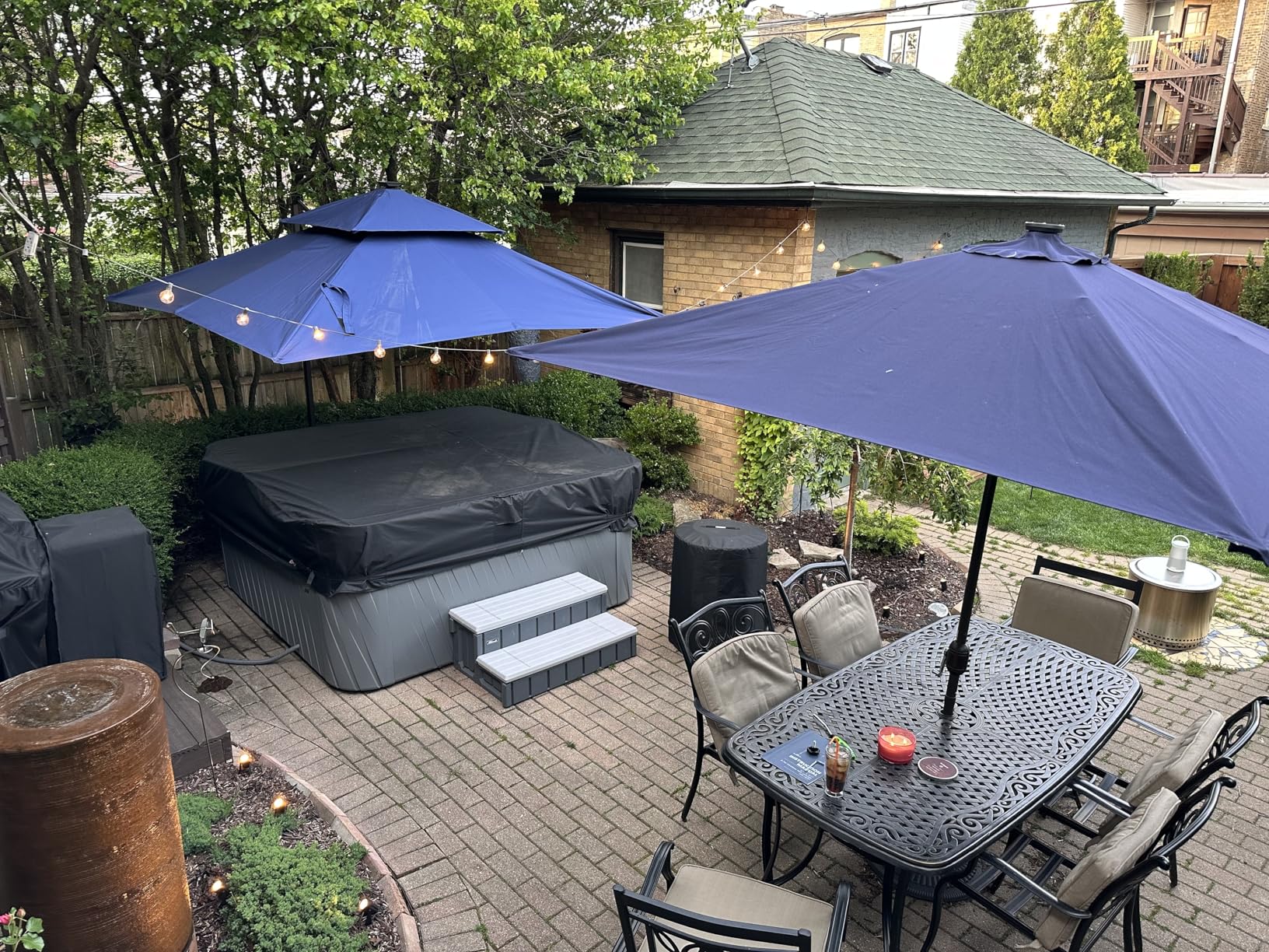 JZAC & QZYD 9x9 FT Outdoor Cantilever Patio Umbrella with Base Included and Solar LED Lights, Large Heavy Duty 2-Tier Square Aluminum Offset Umbrellas with 360-Degree Rotation for Pool Deck, Beige customer photo 1