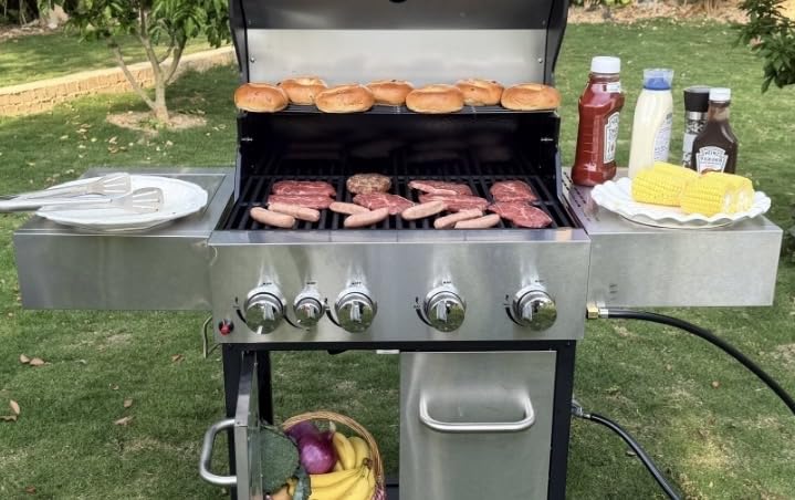 Veralune 4 Burner Gas Grill with Infrared Side Burner, Outdoor Gas Grill, BBQ Gas Grill with Oil Tray and Built-in Thermometer, 55,000 BTU, Enameled Cast-iron Grates, Black customer photo 1