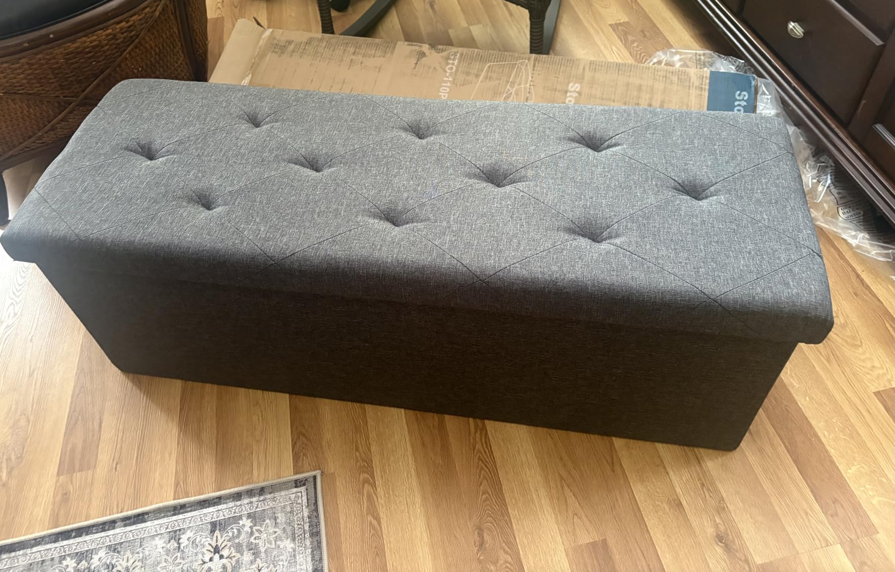 DUMOS 43 Inch Folding Storage Ottoman Bench, Large Hidden Storage Chest withThicker Foam Padded Seat, End of Bed Foot Rest Stool for Bedroom Living Room Entryway, Load 660 lbs, Grey customer photo 1