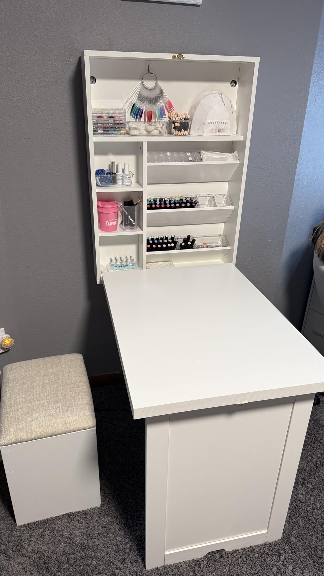 Tangkula Folding Wall Mounted Desk, Convertible Fold Out Floating Table with Storage Shelves, Space-Saving Drop Leaf Table, Murphy Desk for Craft, Study, Small Spaces, Home Office, Dorm, White customer photo 1