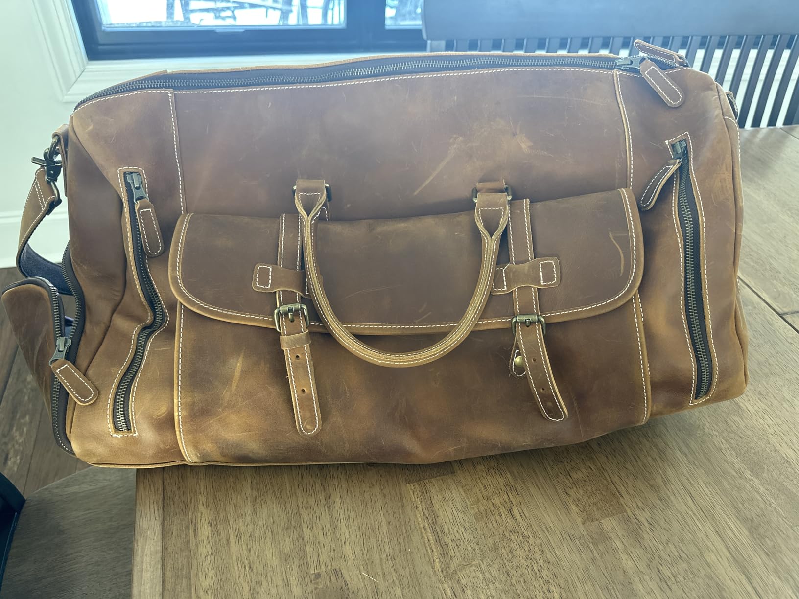 Leather Travel Duffel Bags, Mens Classic Gift Carry on Bag Leather Weekend Bag Full Grain Overnight Luggage YKK Zipper customer photo 2