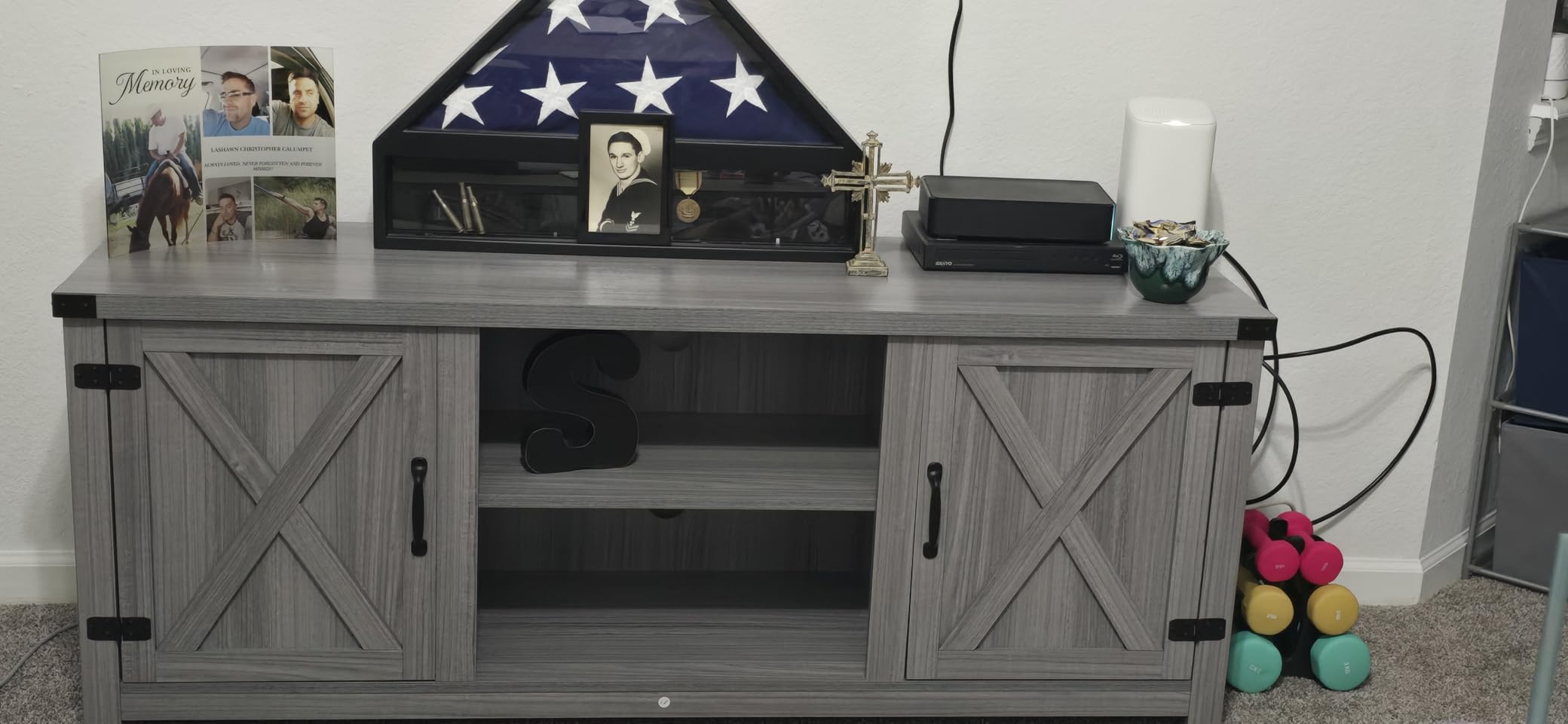 YESHOMY Modern Farmhouse TV Stand with Two Barn Doors and Storage Cabinets for Televisions up to 65+ Inch, Entertainment Center Console Table, Media Furniture for Living Room, 58 Inch, Gray Wash customer photo 4