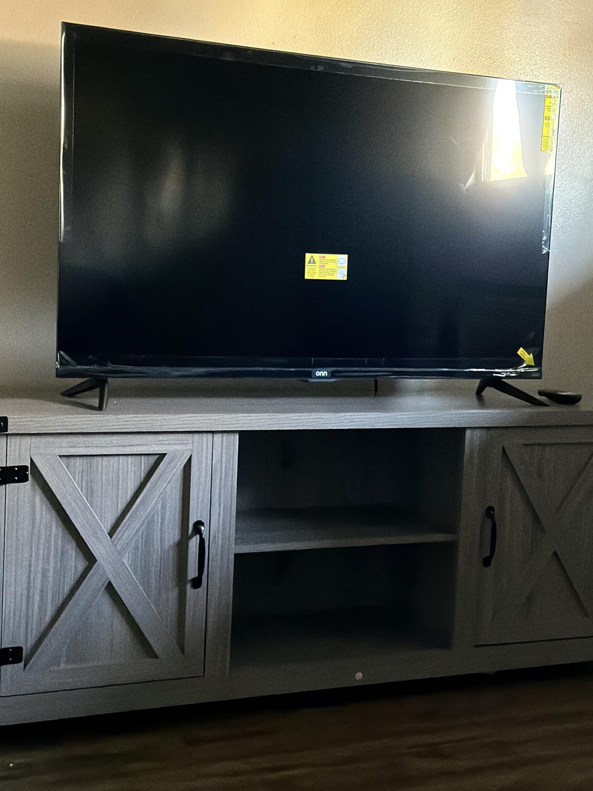 YESHOMY Modern Farmhouse TV Stand with Two Barn Doors and Storage Cabinets for Televisions up to 65+ Inch, Entertainment Center Console Table, Media Furniture for Living Room, 58 Inch, Gray Wash customer photo 5