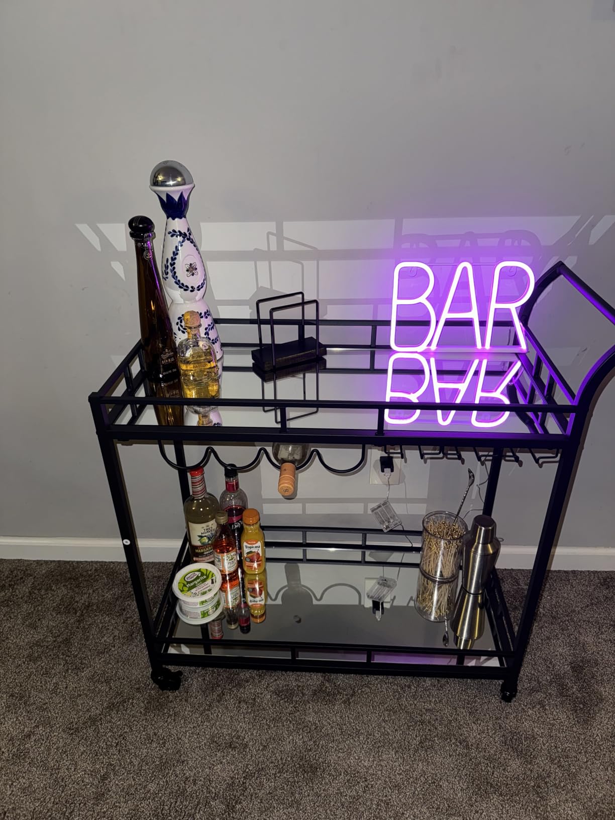 VASAGLE Bar Cart Black, Home Bar Serving Cart, Wine Cart with 2 Mirrored Shelves, Wine Holders, Glass Holders, for Kitchen, Dining Room, Black customer photo 2