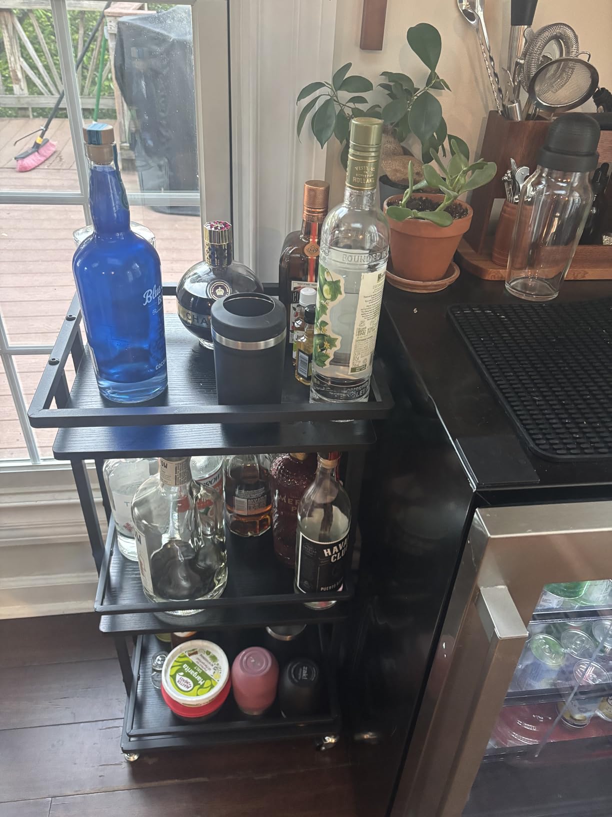 OKZEST 3 Tier Bar Cart for Home, Rolling Mini Liquor Bar for Wine Beverage Dinner Party, Utility Kitchen Storage Island Serving Cart on Wheels, Coffee Bar Cabinet for Kitchen Dining Living Room, Black customer photo 1