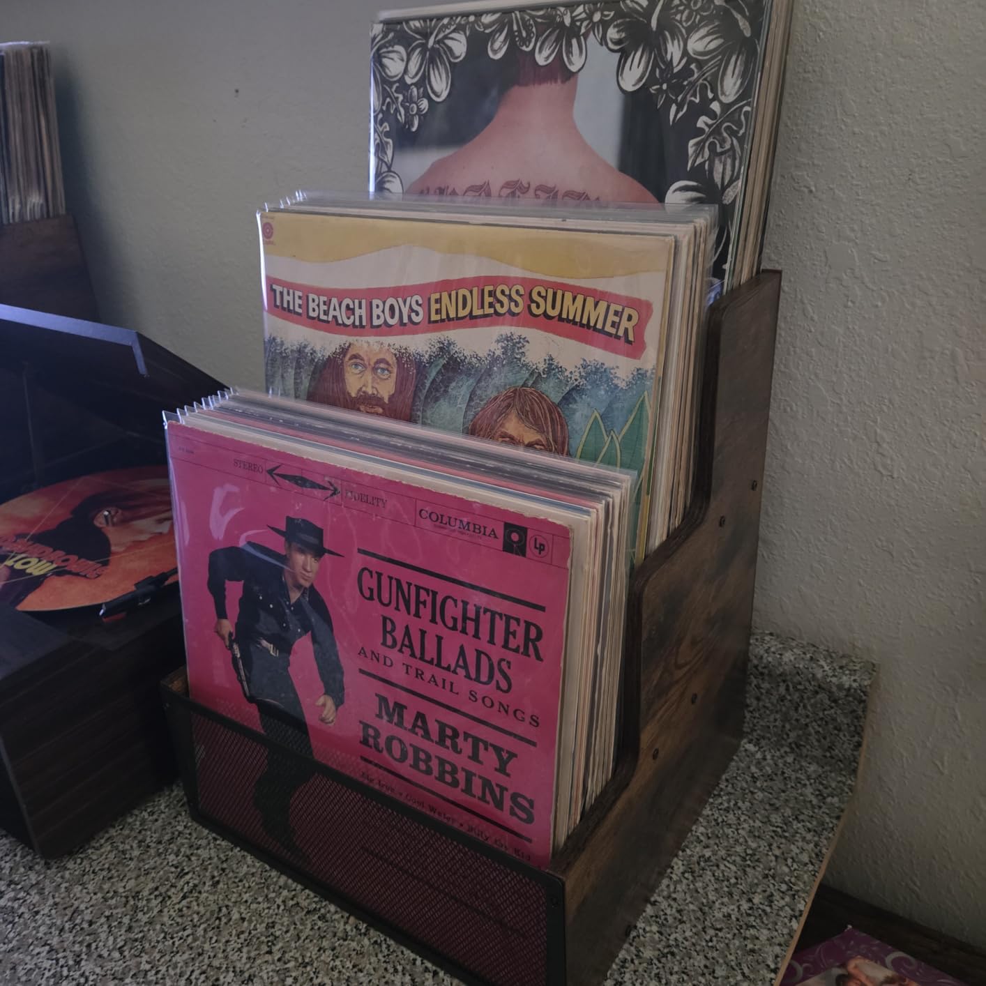 Yuzehuaza Vinyl Record Storage, Stepped 3 Tier LP Vinyl Record Crate, Vinyl Record Album Holder, Holds up to 60 Records, Desktop Metal & Wooden Record Box Case Crate customer photo 1