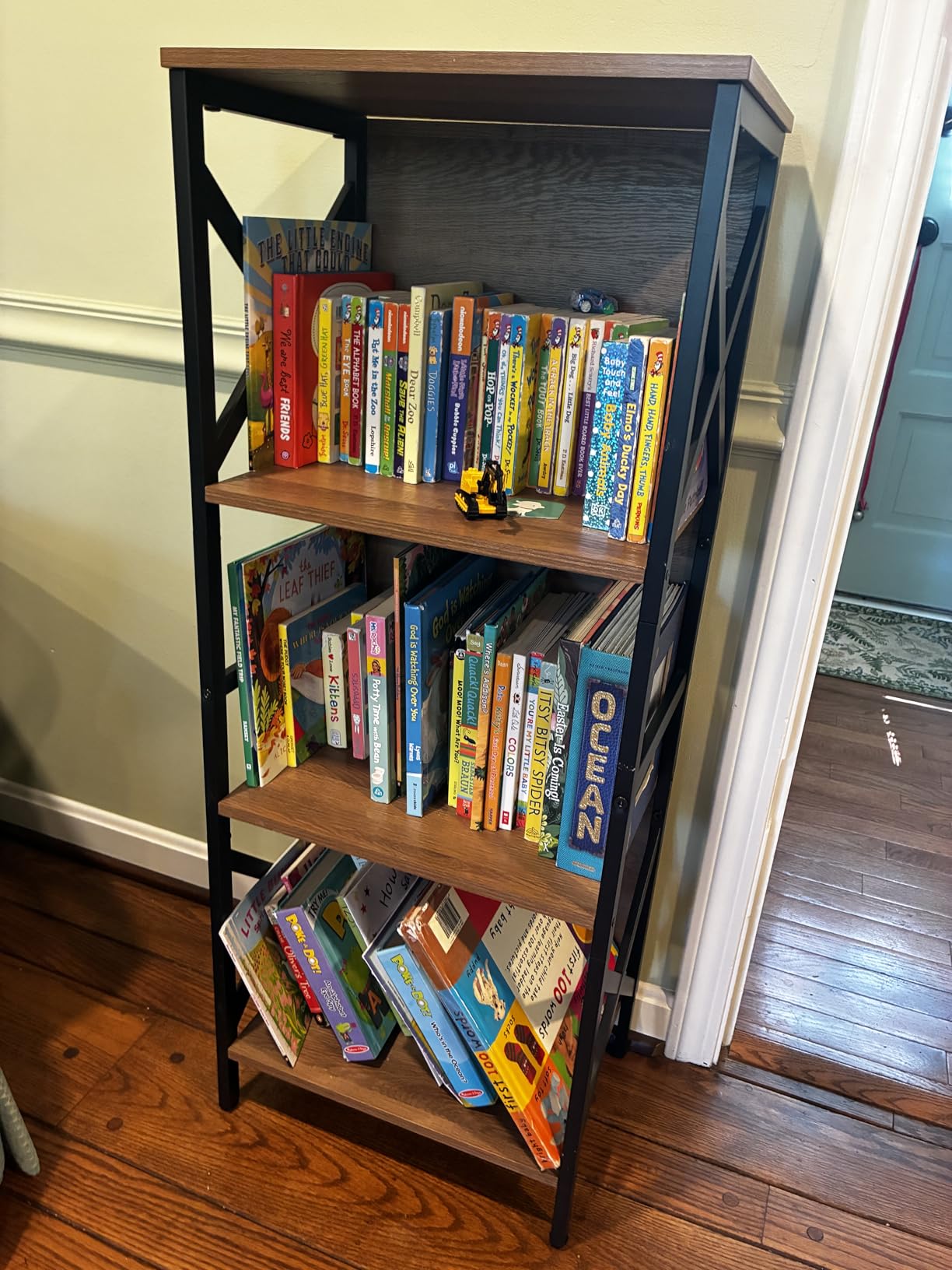 MNEETRUNG Small Bookshelf, 3 Tier Industrial Shelf with Metal Frame and Backboard, Low Rustic Brown Book Shelf, Small Bookcase for Small Spaces,Bookshelf for Living Room, Bedroom & Home Office customer photo 2