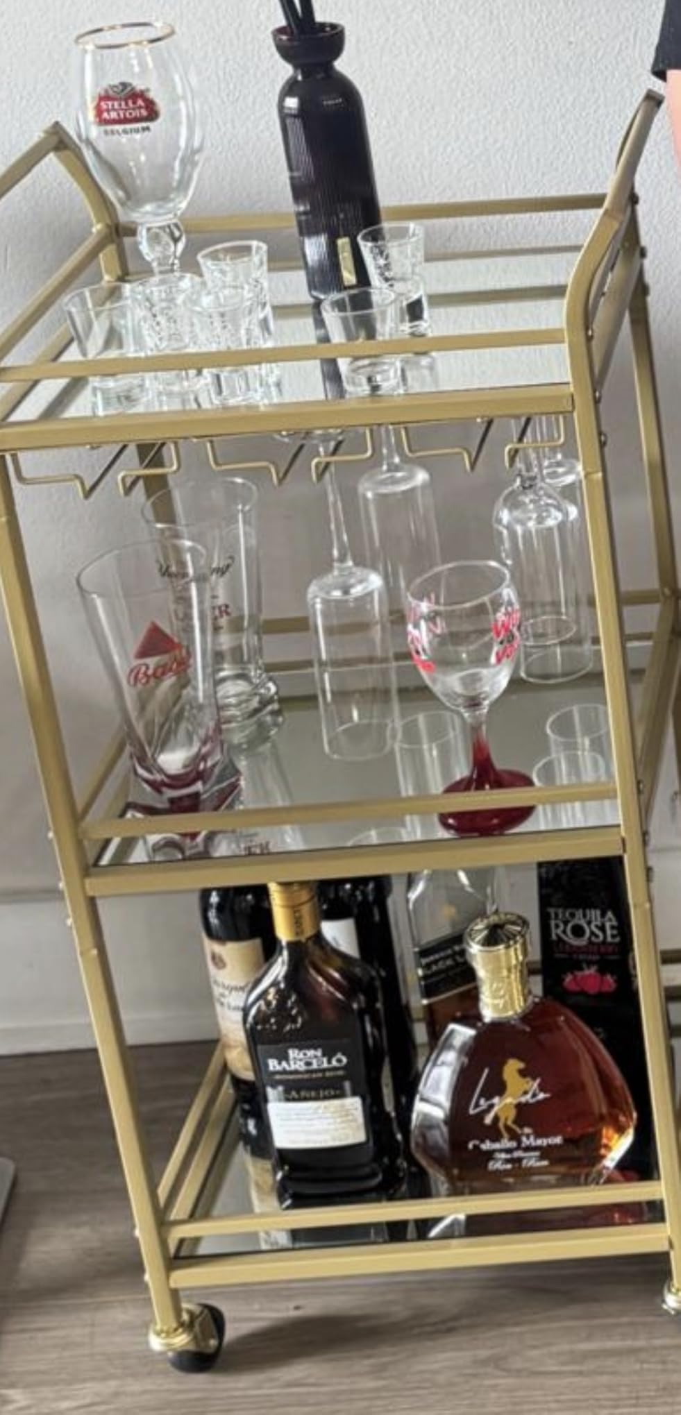 VASAGLE Bar Cart, Home Bar Serving Cart with 3 Tiers, Kitchen Shelf with Wine Rack, Glass Holders, for Small Spaces, Dining Room, Living Room, Pale Gold customer photo 2