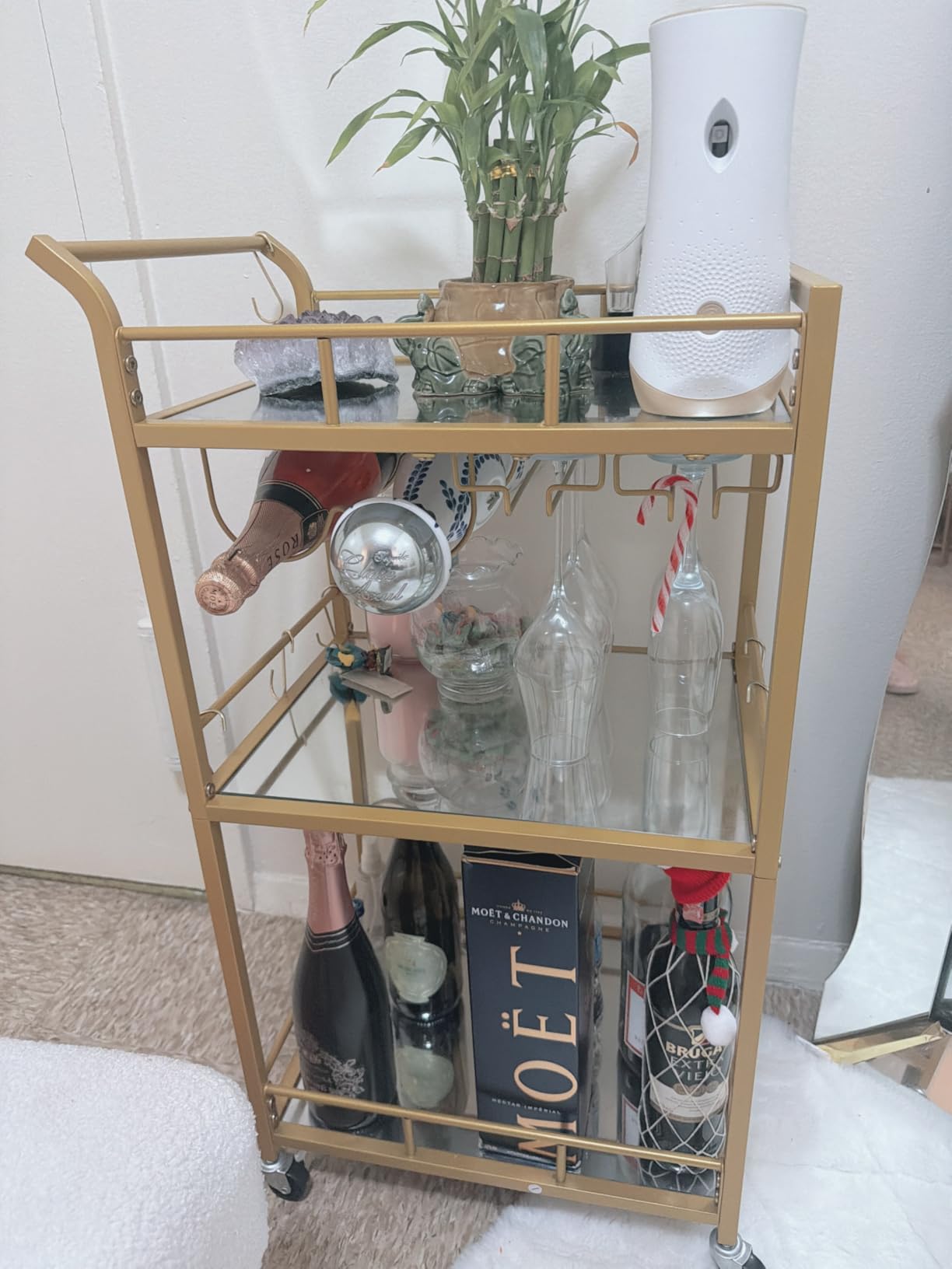 TUTOTAK Bar Cart, Home Bar Serving Cart with 3-Tier Mirrored Shelf, Mobile Kitchen Shelf, Rolling Beverage Cart, Black BC01BK034 customer photo 2