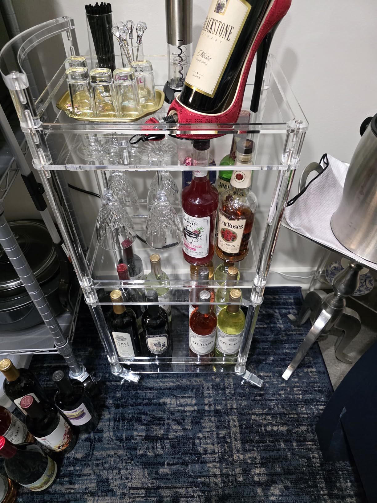 Eglaf Small Acrylic Bar Cart, 3 Tier Home Bar Cart with 4 Lockable Wheels, Rolling Serving Cart with Glass Holders, Handle, for Living Room, Kitchen, Bedroom, Bar, 15.6