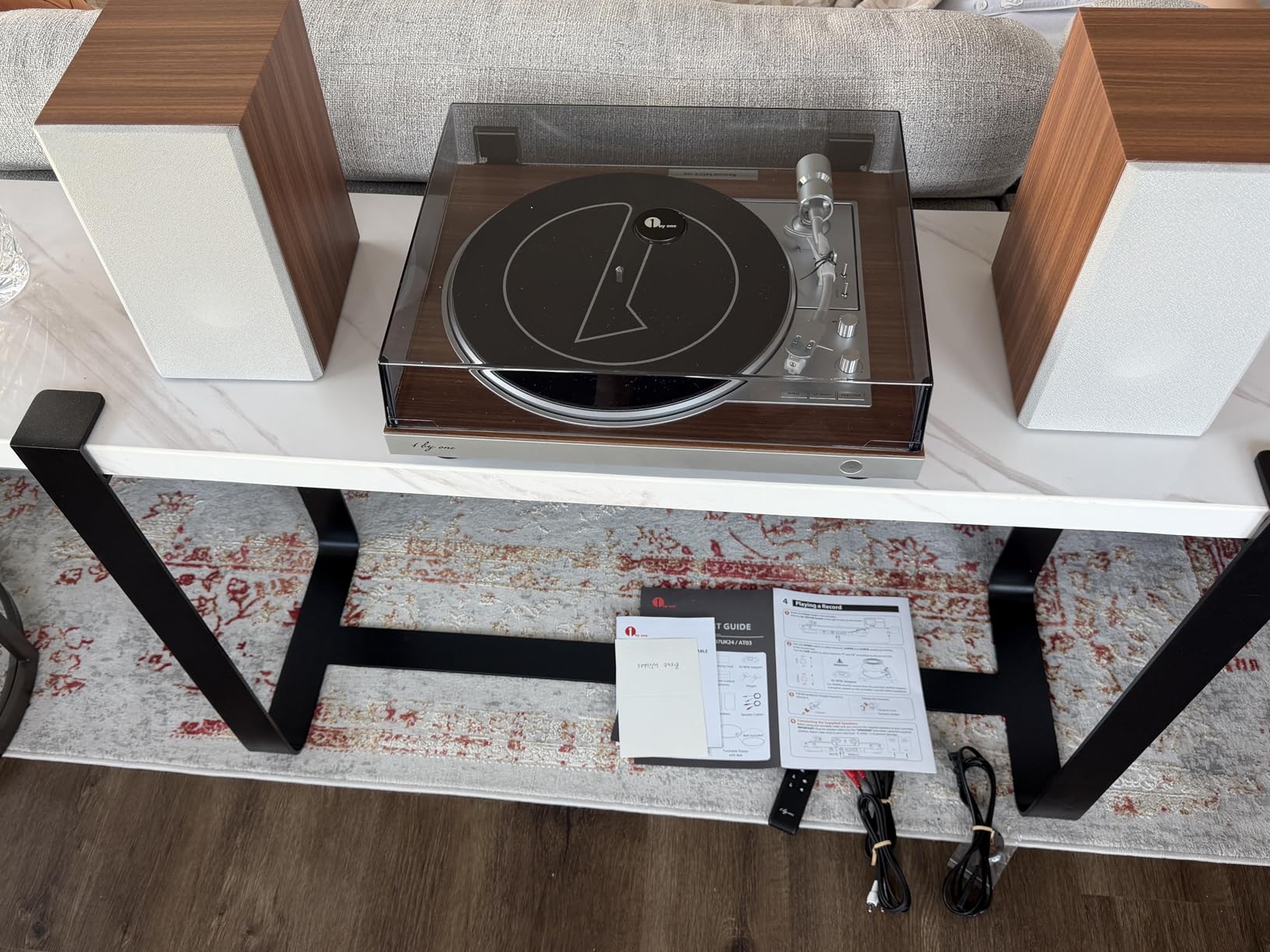 1 BY ONE Fully Automatic Record Player, HiFi Vinyl Turntable with Automatic Repeat Function, Bookshelf Speakers, Remote Control, Built-in Phono Preamp & DSP, AT-3600L Cartridge, Belt Drive 2-Speeds customer photo 2