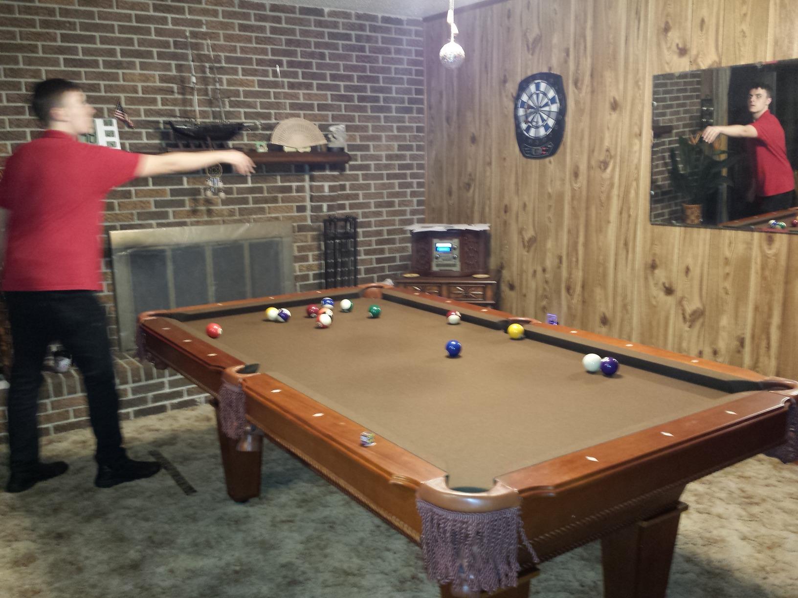 Fat Cat Frisco 7.5 Foot Pool Table, Billiard Table with Accuslate Surface, K66 Bumpers, Oak Finish, Includes Cues and Balls customer photo 2