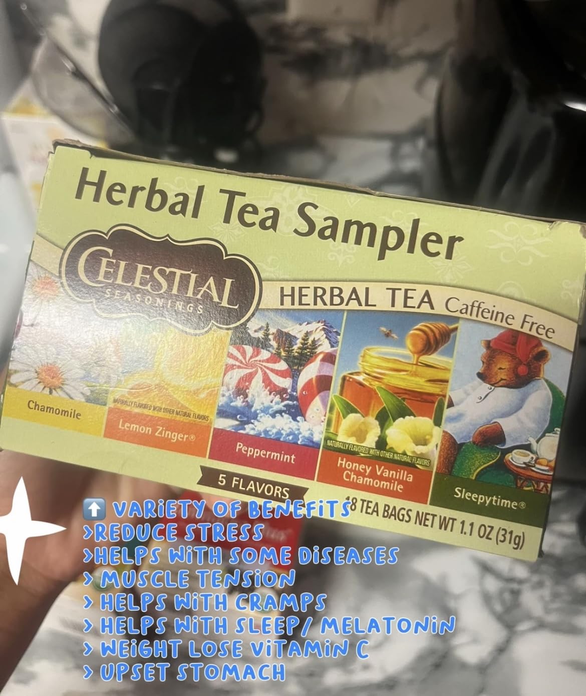 Celestial Seasonings Herbal Tea Sampler Variety Pack, Caffeine Free, 18 Tea Bags Box customer photo 2