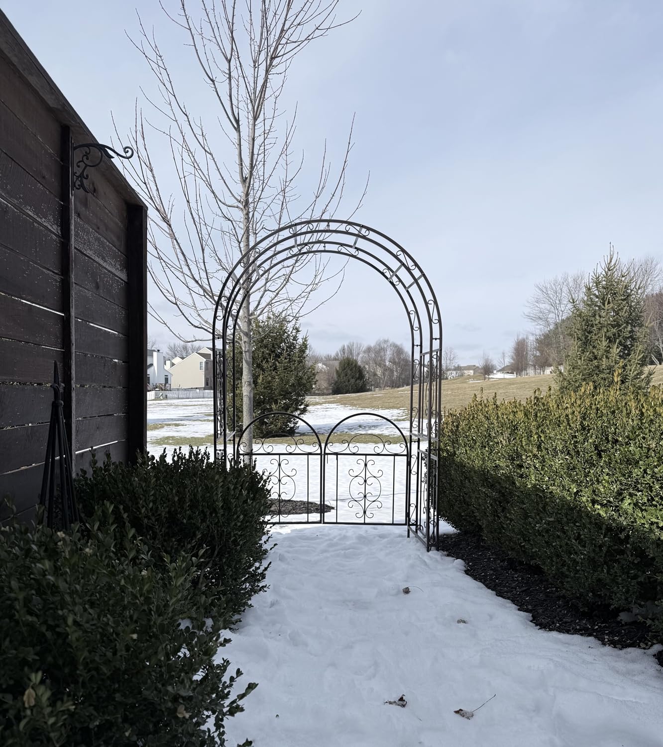 Plow & Hearth Arch Metal Outdoor Garden Arbor Double Gate | Montebello | 7 Feet Tall | Gunmetal Black | Steel Iron Trellis Lattice Climbing Plants & Heavy Vines customer photo 1