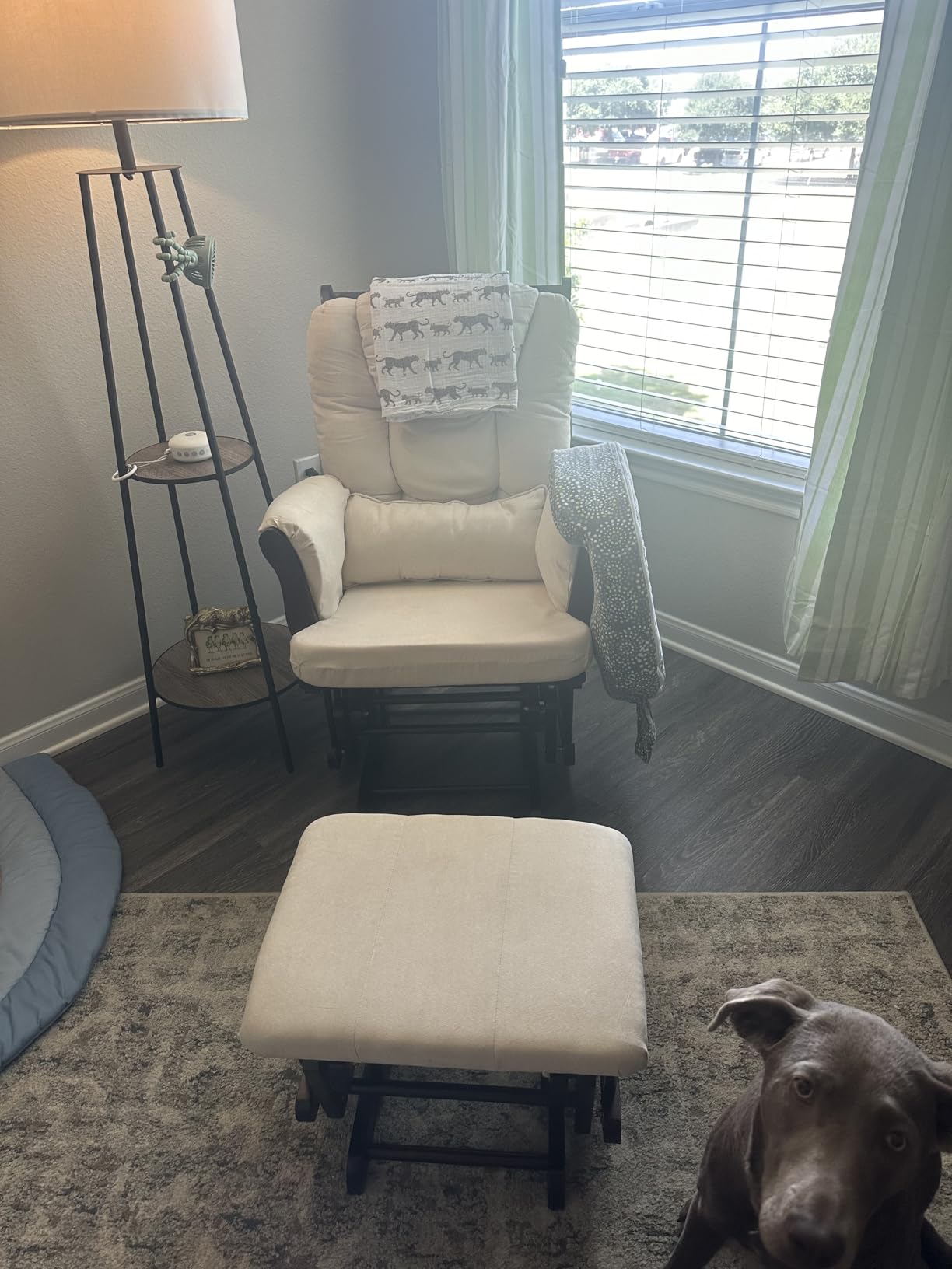 Storkcraft Tuscany Custom Glider and Ottoman with Free Lumbar Pillow (Espresso/Taupe Swirl) - Cleanable Upholstered Comfort Rocking Nursery Chair with Ottoman customer photo 1