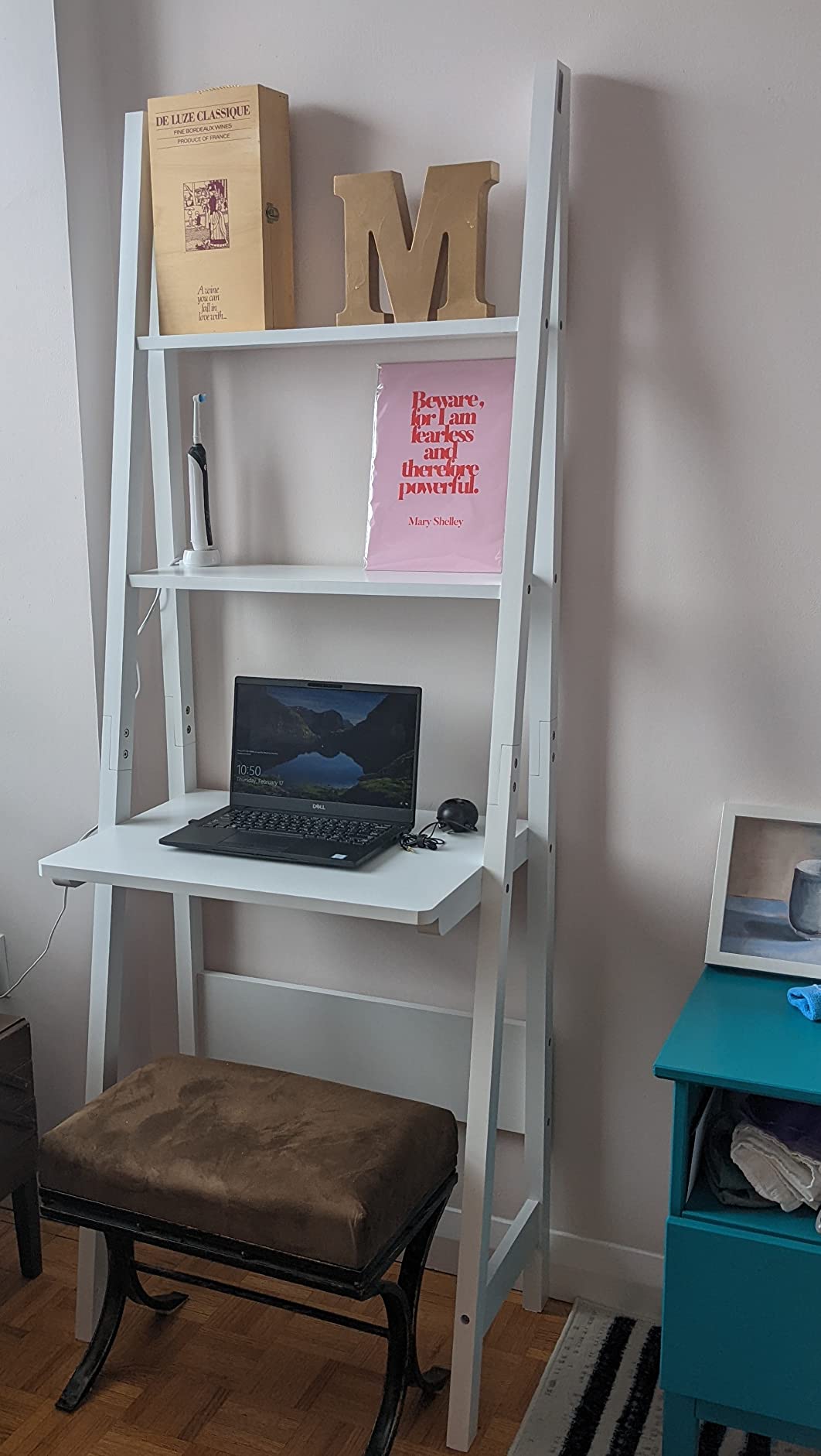 Haotian Ladder Desk with Shelves, Secretary Desk Workstation Bookshelf, White FRG60-W customer photo 2