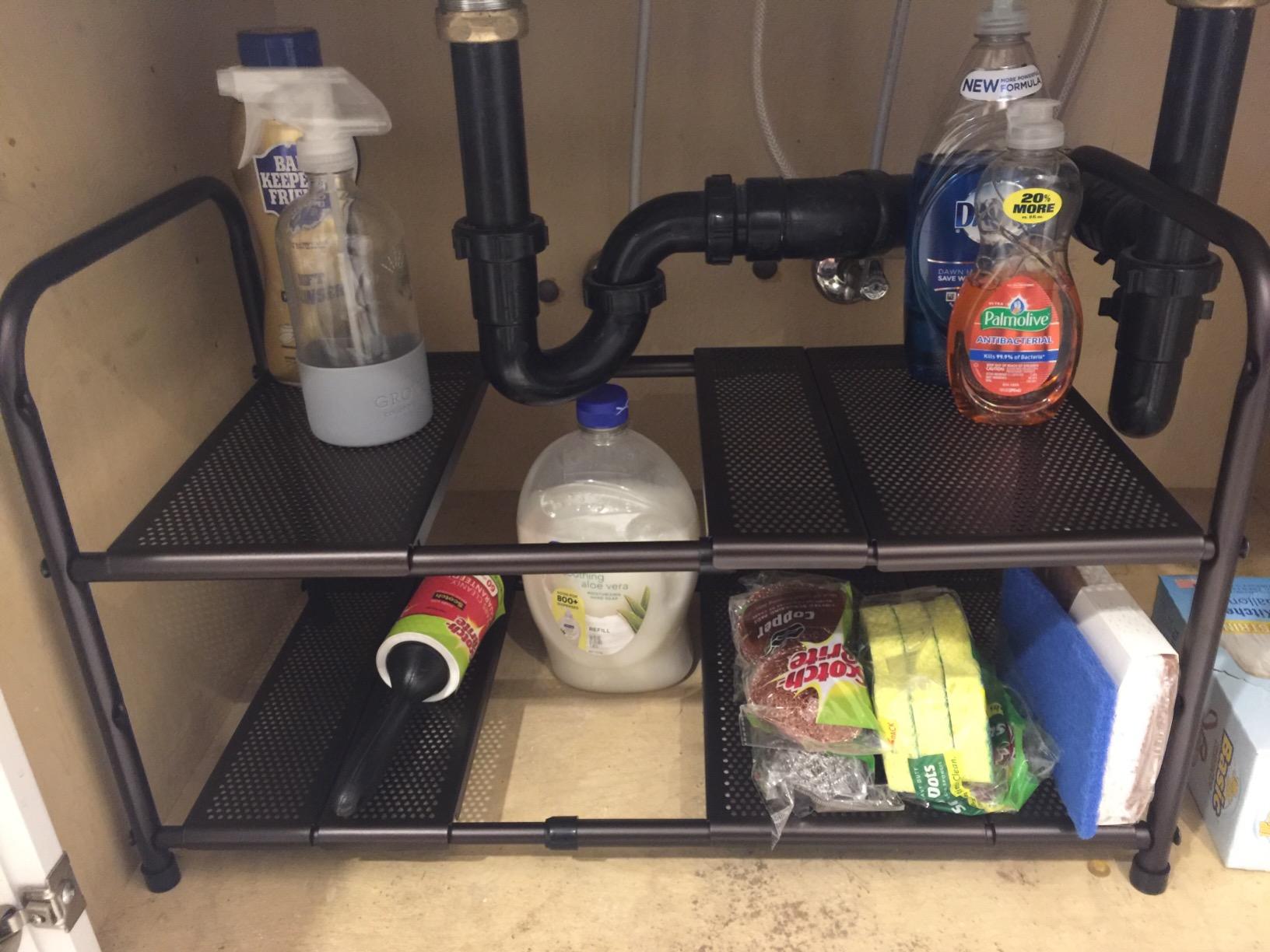 Simple Houseware Under Sink 2-Tier Heavy Duty Expandable Rack Organizer, Adjustable Width 15.75-25 Inches with 4 Shelf Height Levels, Silver customer photo 1