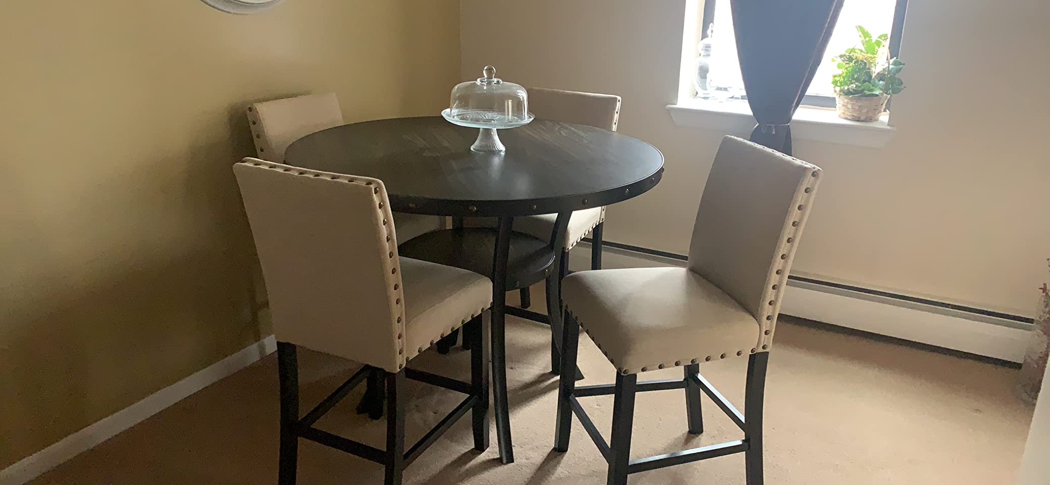 Roundhill Furniture Collection Biony Espresso Wood Counter Height Dining Set with Blue Fabric Nailhead Stools customer photo 2