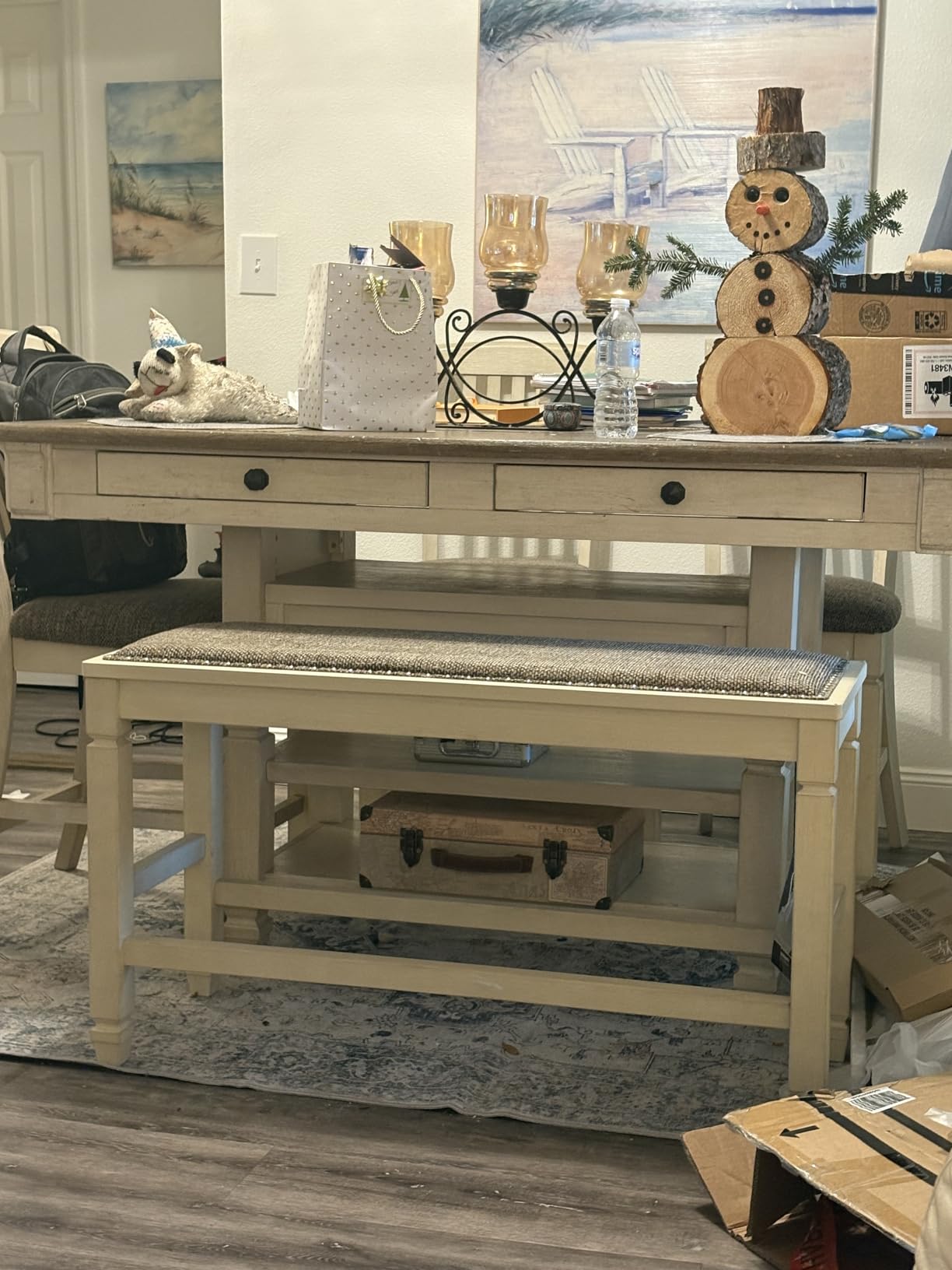 Signature Design by Ashley Bolanburg Casual French Country Upholstered Dining Room Bench with Nailhead Trim, Heavy Woven Fabric, Wood, Antique White & Tan customer photo 2