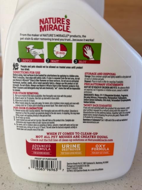 Nature's Miracle Dog Stain & Odor Remover, Enzymatic Cleaner, 32 oz | Tough on Dog Urine, Feces, Vomit, Drool and Other Organic Stains and Odors, For Multiple Surfaces, Fresh Scent customer photo 2