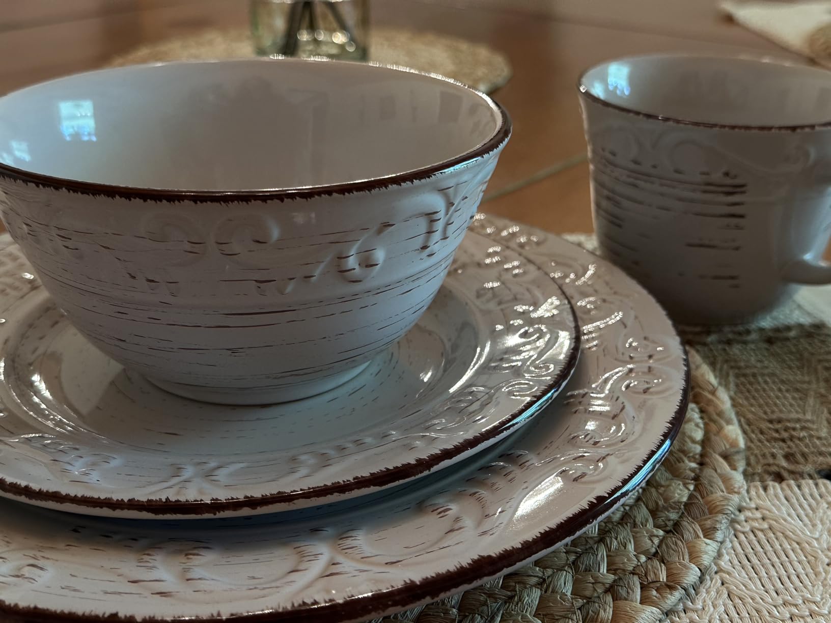 Pfaltzgraff Trellis White 16-Piece Stoneware Dinnerware Set, Service for 4, Distressed White Finish, Microwave & Dishwasher Safe Plates and Bowls customer photo 2