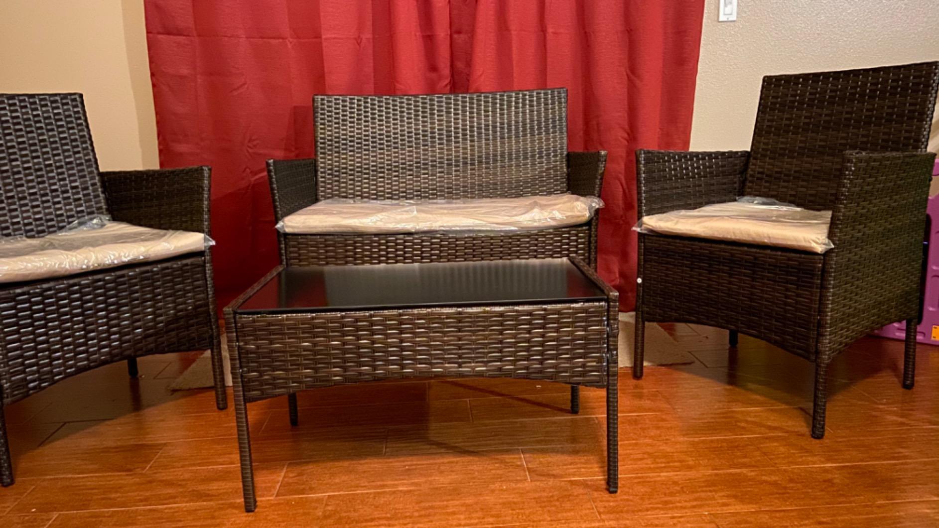 Homall 4 Pieces Outdoor Patio Furniture Set, Rattan Chairs, Brown & Beige | Outdoor Furniture, Wicker Patio Set, Balcony and Porch Furniture, Outdoor Dining Set for Backyard, Garden, Poolside customer photo 1