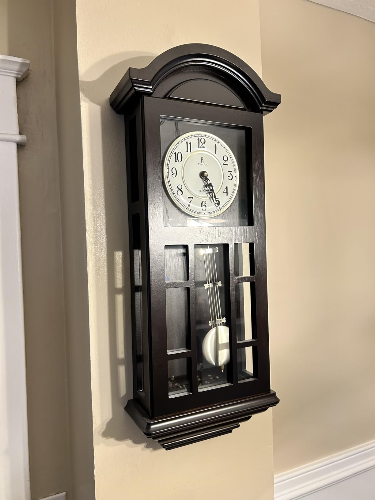 Pendulum Wall Clock, Hanging Wooden Grandfather Wall Clock, Quiet | Real Wood Clock 27 Inch, Non-Chiming Battery Operated with Pendulum, Living Room Decor, Office, Entryway, Home Decor Gift customer photo 1