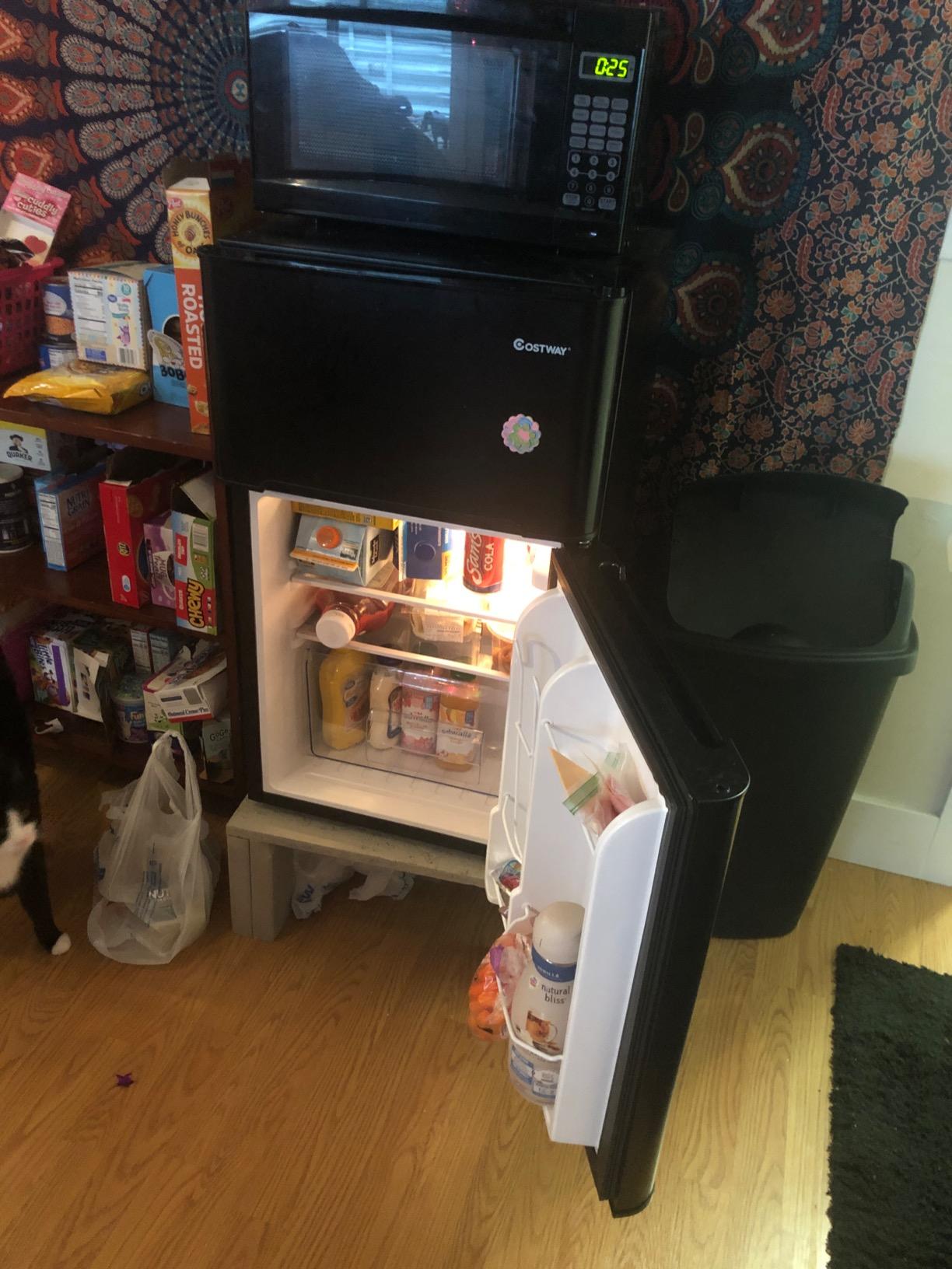 COSTWAY 3.2 Cu.ft. Mini Fridge with Freezer for Bedroom, Dorm, Office | Small Compact Refrigerator with Reversible 2-Door, Adjustable Temperature, LED Lights, Removable Glass Shelves, Black customer photo 1