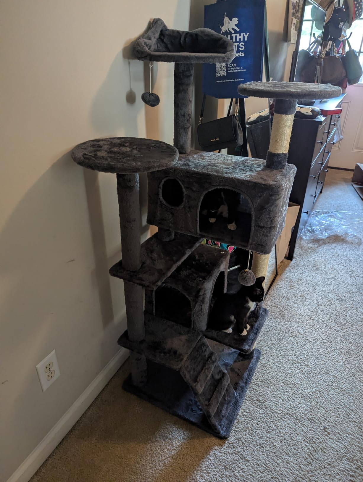 Yaheetech 54in Cat Tree, Multi-Level Cat Tower with Spacious Kitten-ear Perch, 2 Cozy Caves, Scratching Posts, Climbing Ladder, 2 Plush Balls, Durable Pet House Furniture for Indoor Kittens, Dark Gray customer photo 1