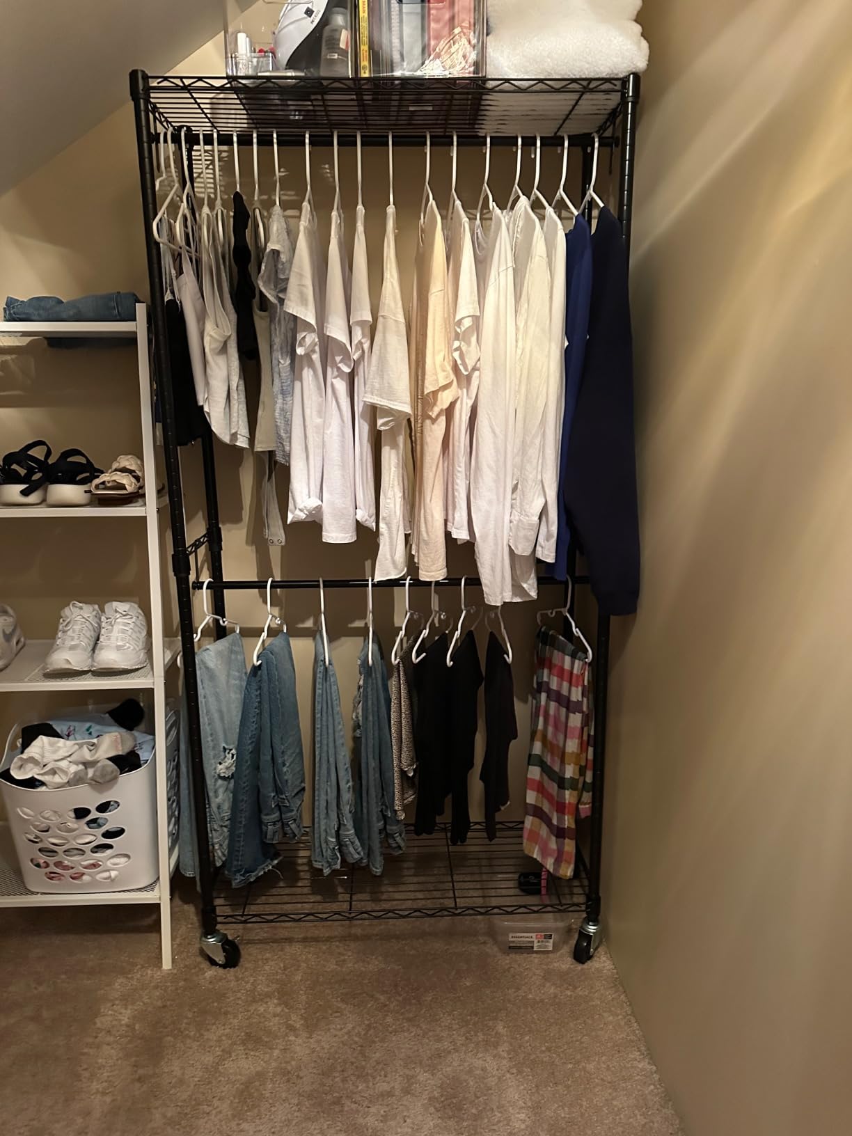 Amazon Basics Adjustable Double Rod Rolling Garment Rack, Hanging Clothes Closet Organizer with Wheels, Heavy Duty, 36