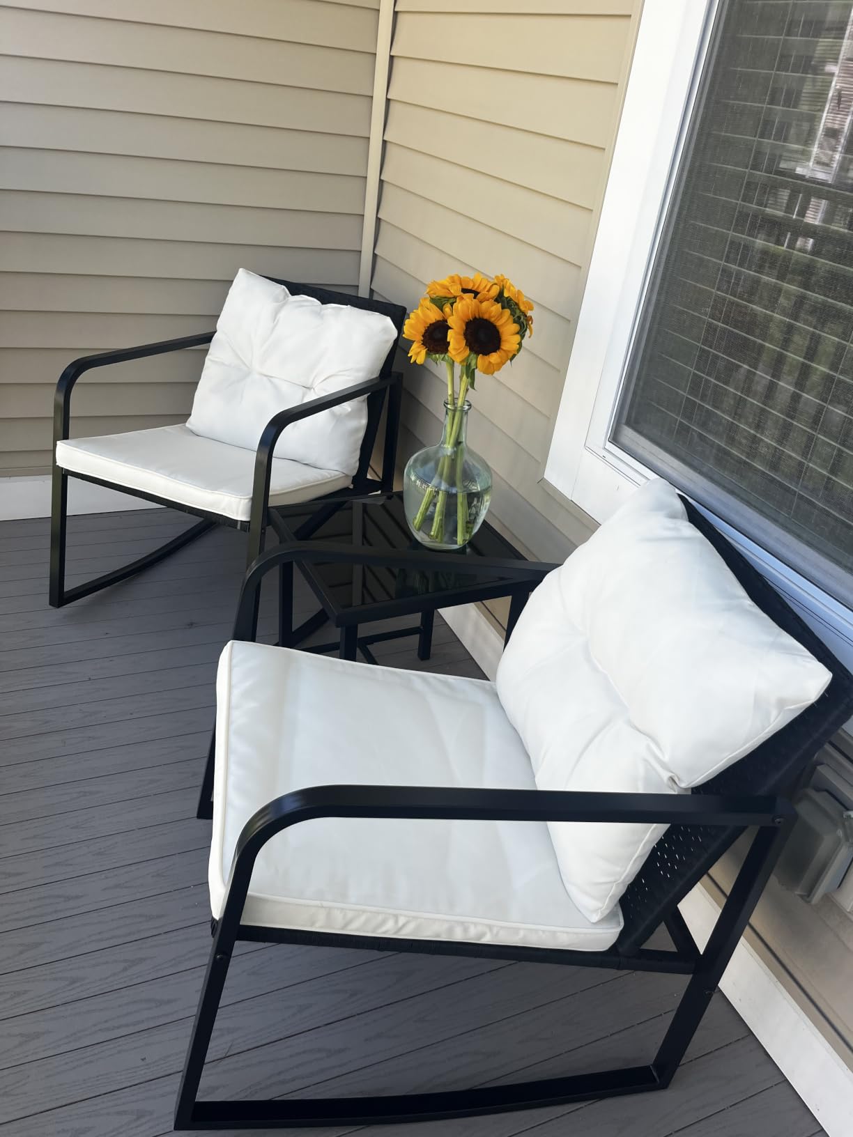 Devoko 3 Piece Rocking Bistro Set Wicker Patio Outdoor Furniture Porch Chairs Conversation Sets with Glass Coffee Table (Beige) customer photo 1